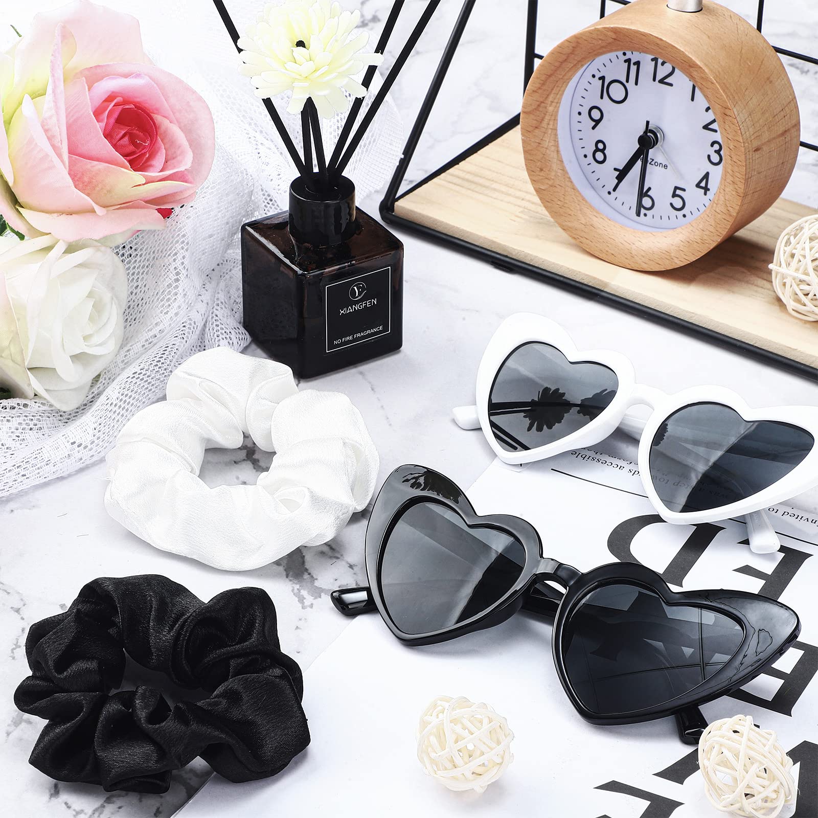 Heart Shaped Sunglasses & Satin Bridesmaid Scrunchies Set - 7 Pack Wedding Party Favors, Bachelorette Gifts for Women & Girls (Black/White) - Perfect for Bridal Showers, Beach Weddings & Girls' Night Out
