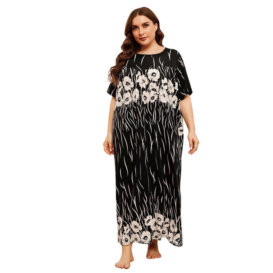 Floral Long Maxi Dress for Women - Plus Size Summer Short Sleeve O-Neck Black Dress | Perfect for Beach Vacations, Garden Parties & Casual Outings