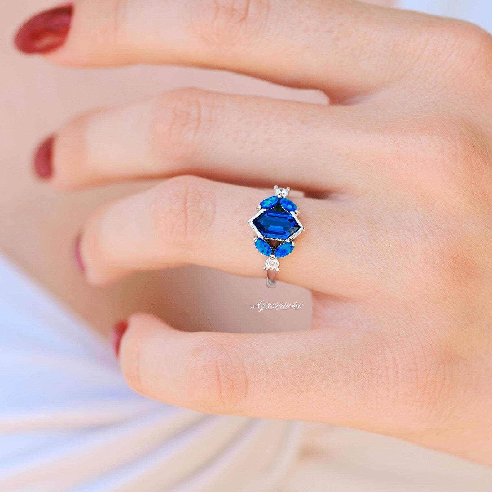 Exquisite Blue Fire Opal & Sapphire Engagement Ring in Sterling Silver - Perfect for Proposals, Anniversaries & Special Occasions