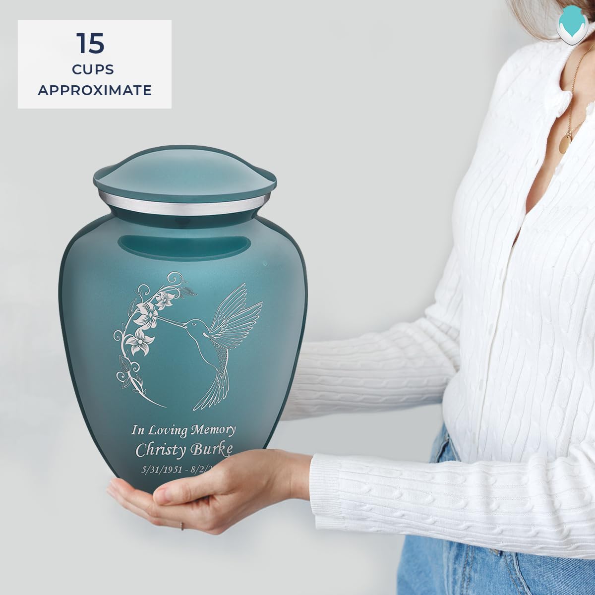 Personalized Hummingbird Cremation Urn for Human Ashes - Large Teal Funeral Urn with Double Side Engraving for Adults (200 lbs Capacity) | Memorial Keepsake for Home, Funeral Service & Scattering Ceremonies