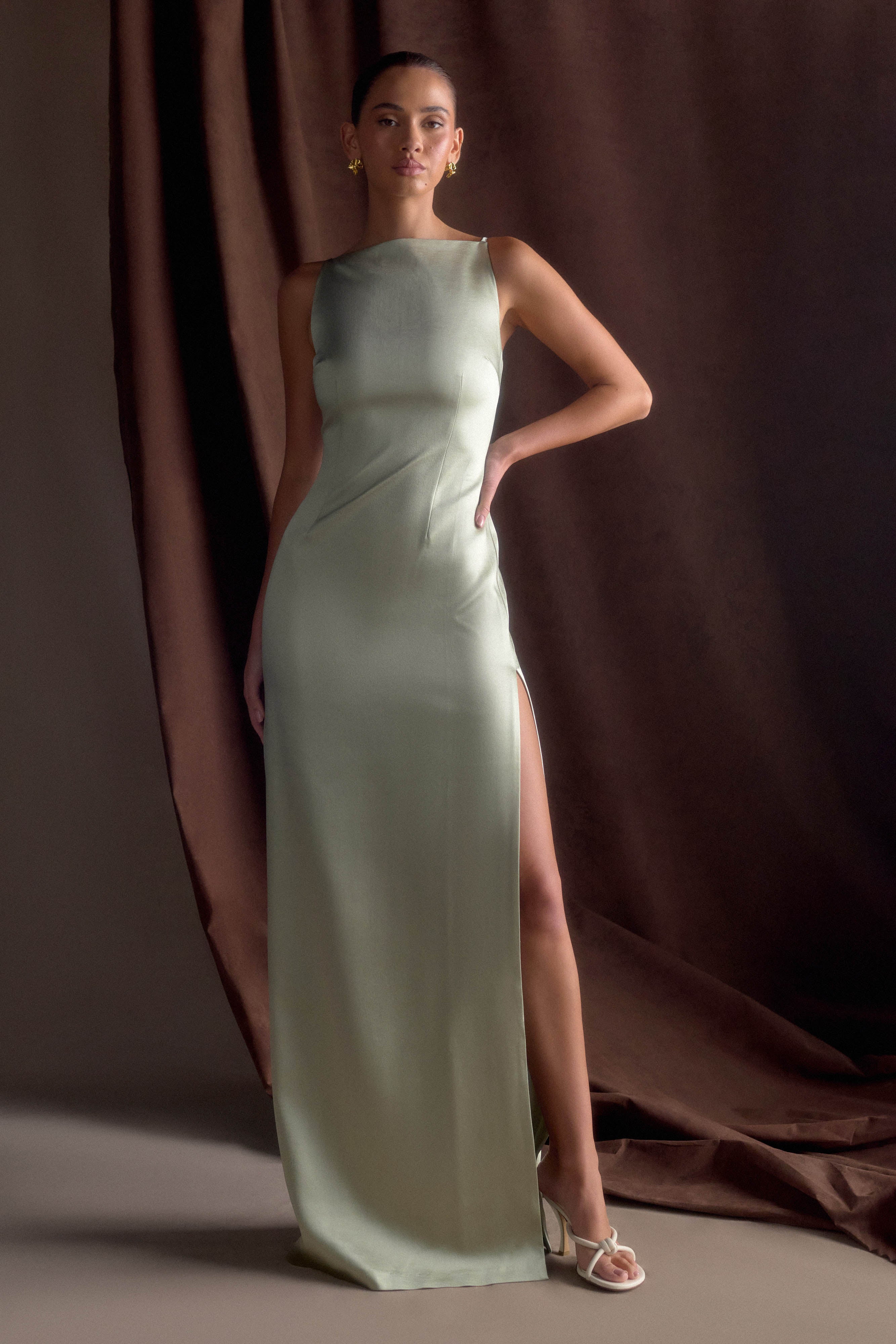 Elegant Violet Sleeveless Satin Maxi Dress in Sage Green - Perfect for Weddings, Parties & Summer Vacations