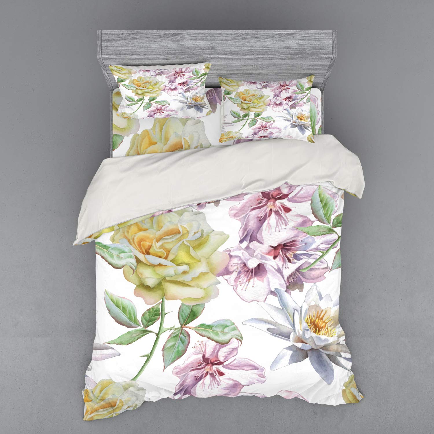 Ambesonne Floral Duvet Cover Set - Queen Size 4-Piece Bedding with Rose Petals, Sakura & Lily Flower Design in Pale Pink, Yellow & Fern Green | Includes Shams & Fitted Sheet | Perfect for Romantic Bedroom Decor, Spring Refresh & Wedding Gift