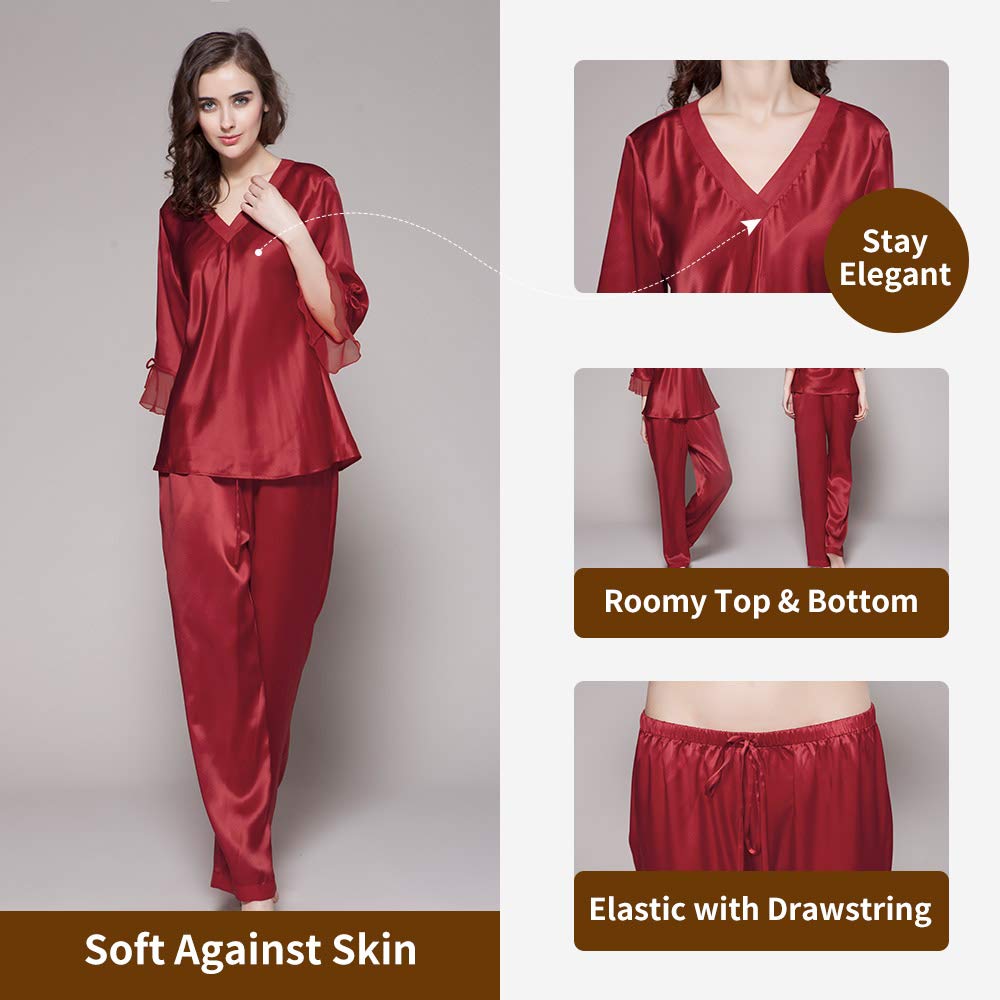 LilySilk Women's 100% Mulberry Silk Pajama Set - V-Neck 3/4 Sleeve Sleepwear for Women | Soft & Breathable Silk Pajamas for Lounge, Travel & Gift Giving