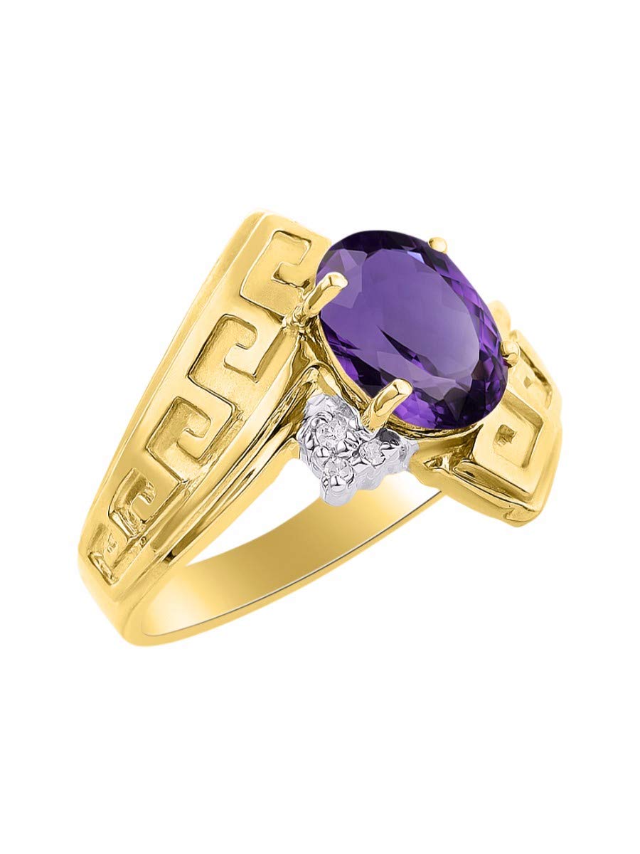 Rylos Greek Key Designer Ring for Women – 9X7MM Gemstone & Diamond Accent in Yellow Gold Plated Silver – Sizes 5-10 – Perfect for Weddings, Parties & Special Occasions