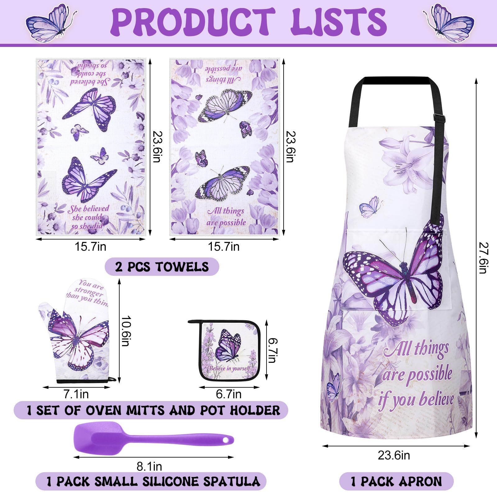 Hoolerry 6-Piece Religious Kitchen Apron Set with Dish Towels, Oven Mitts, Pot Holders & Silicone Spatula - Perfect Cooking & Baking Gifts for Women, Wife, Grandma (Purple) - Ideal for Holiday Meals, Church Potlucks & Family Gatherings