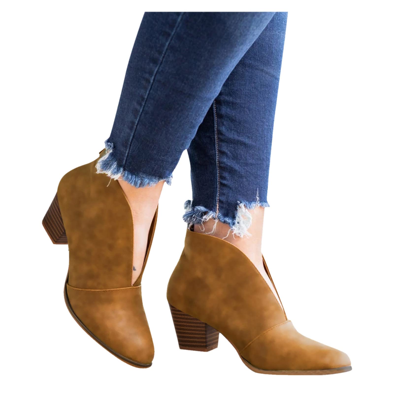 Naescisti Women's Leather Short Boots - Retro Chunky Heel Ankle Boots with Zipper for Casual Outfits & Fall Fashion