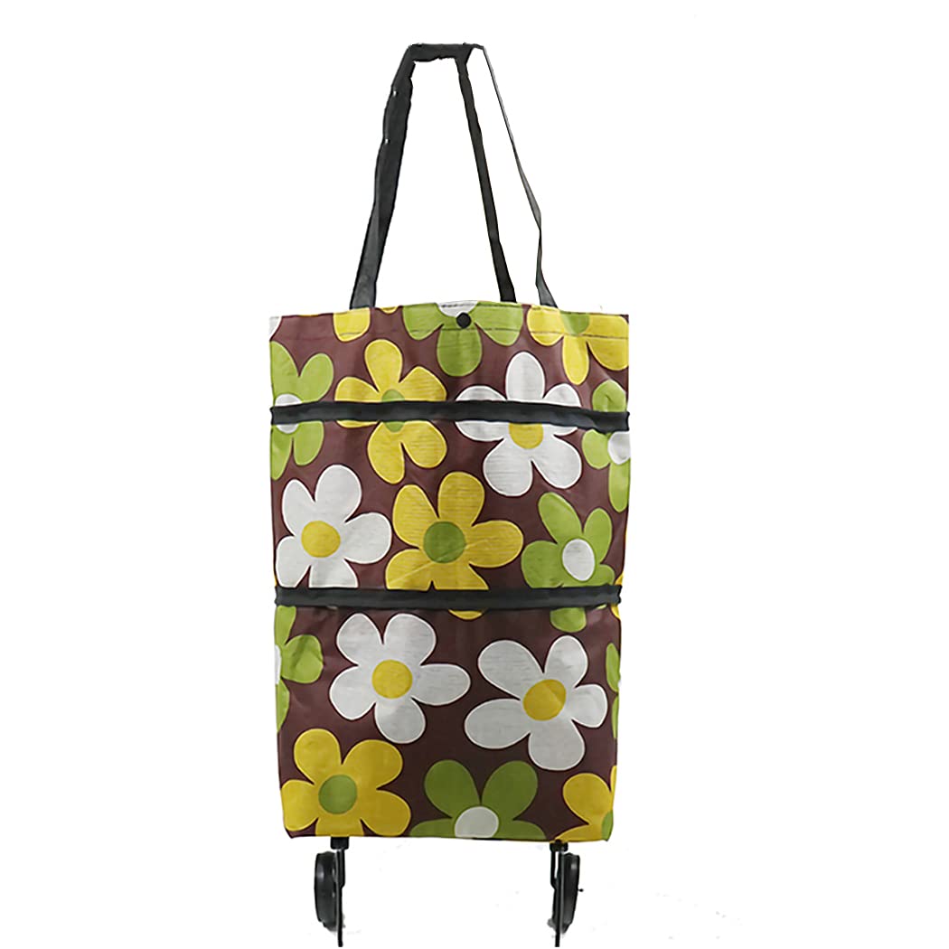 Foldable Lightweight Portable Reusable Shopping Cart with Wheels - Brown Floral Design for Groceries, Laundry & Outdoor Market Trips