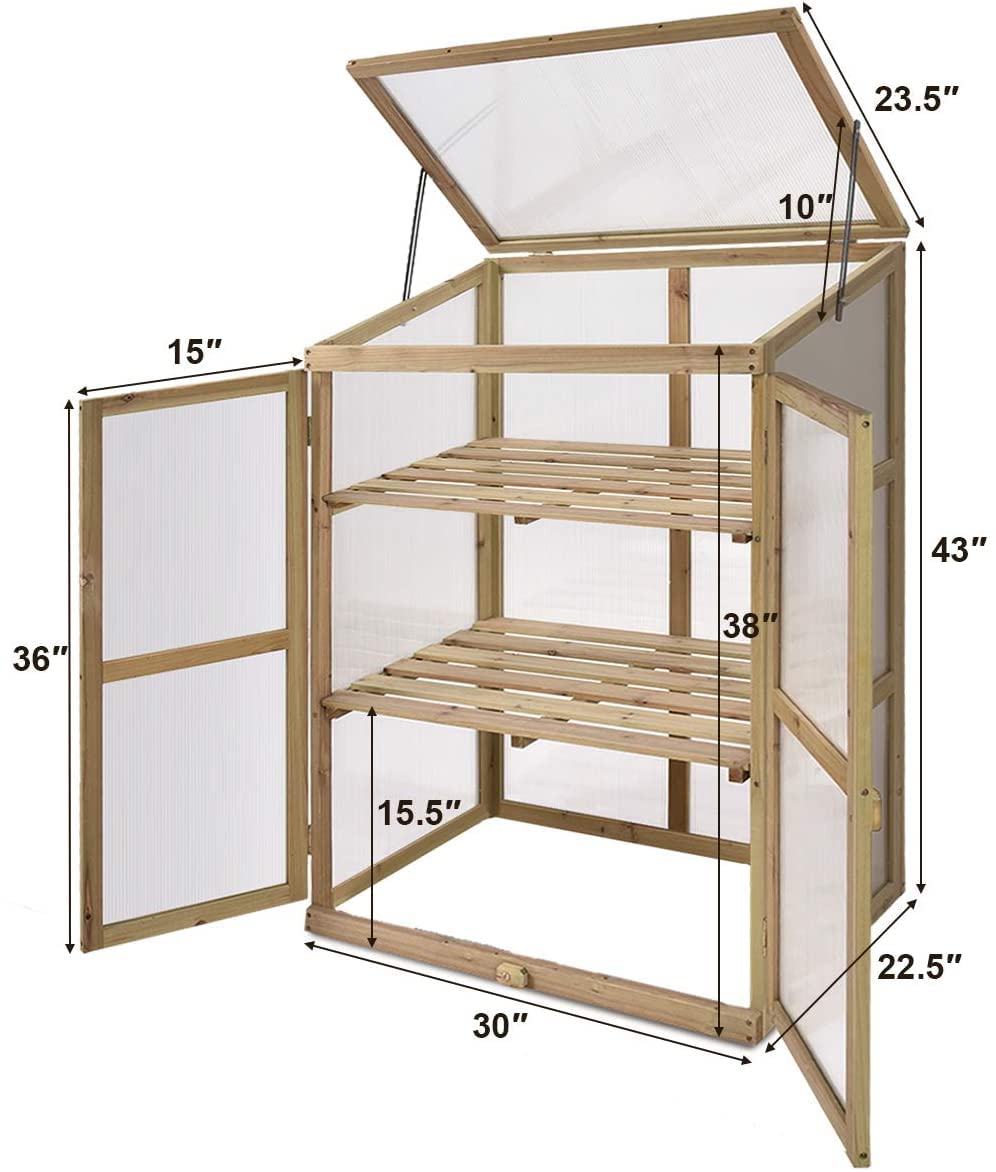 Hysache Portable Wooden Greenhouse Cold Frame - Garden Flower Planter with Openable Top & Side Doors, Removable Shelf & Hinges - Raised Bed for Outdoor Gardening, Balcony, Porch, Backyard - Perfect for Seed Starting, Plant Protection & Year-Round Growing