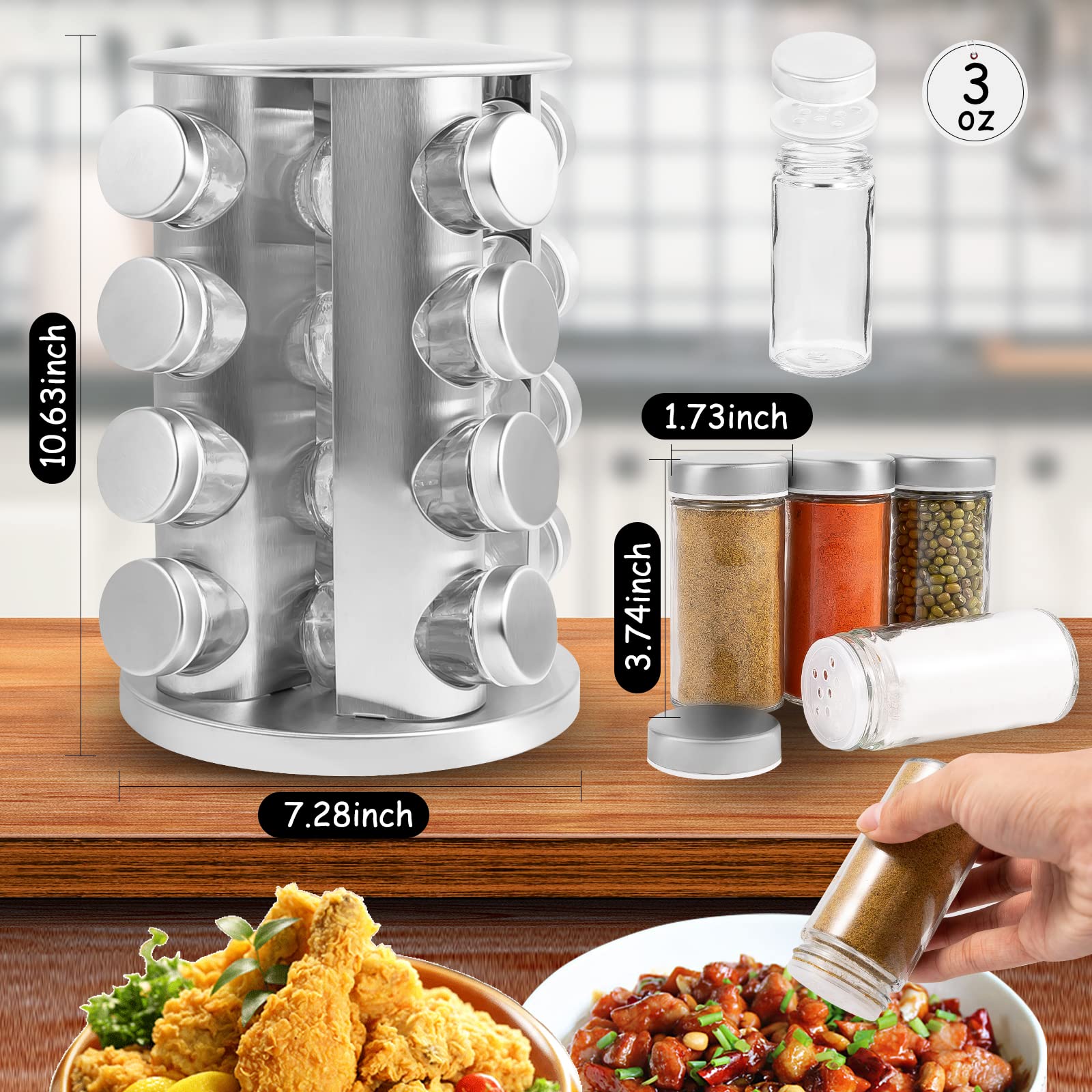 Rotating Spice Rack Organizer with 16 Jars - Stainless Steel Revolving Spice Tower with Labels for Kitchen Cabinet & Countertop - Perfect for Cooking, Baking & Seasoning Organization