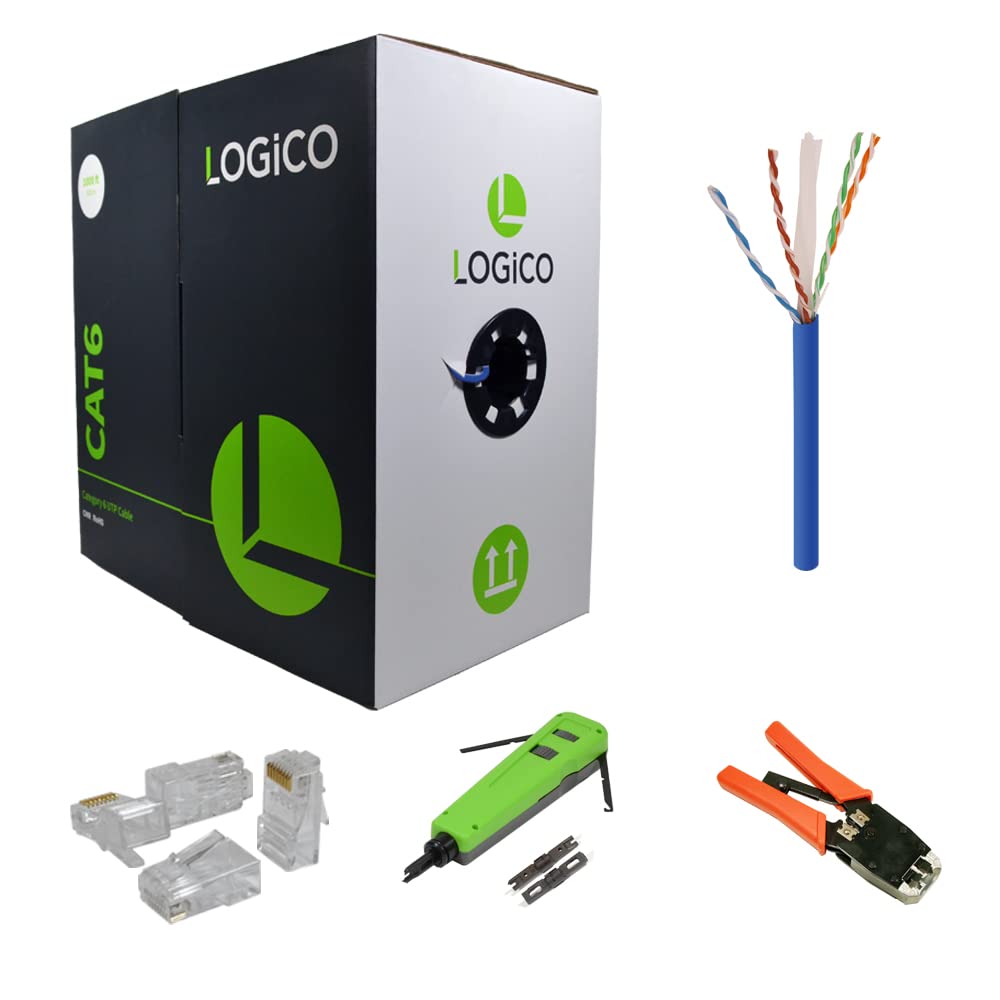 LOGICO Cat6 UTP Riser CMR Ethernet Cable 1000FT Blue - Bulk Network Cable with RJ45 Crimp Tool, Punch Down Tool & 100 RJ45 Connectors Kit for Home/Office Network Installation & Server Room Wiring