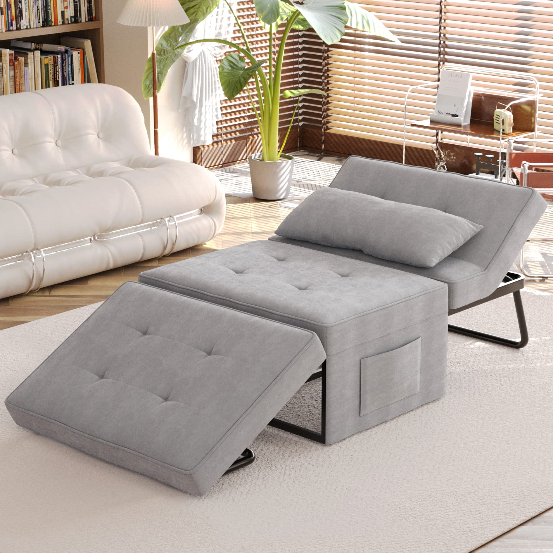4-in-1 Multi-Functional Folding Ottoman Sleeper Sofa Bed with Storage Pocket - Convertible Chair Bed & Couch for Living Room, Bedroom, Hallway - Light Grey - Perfect for Small Spaces, Guest Rooms & Apartments