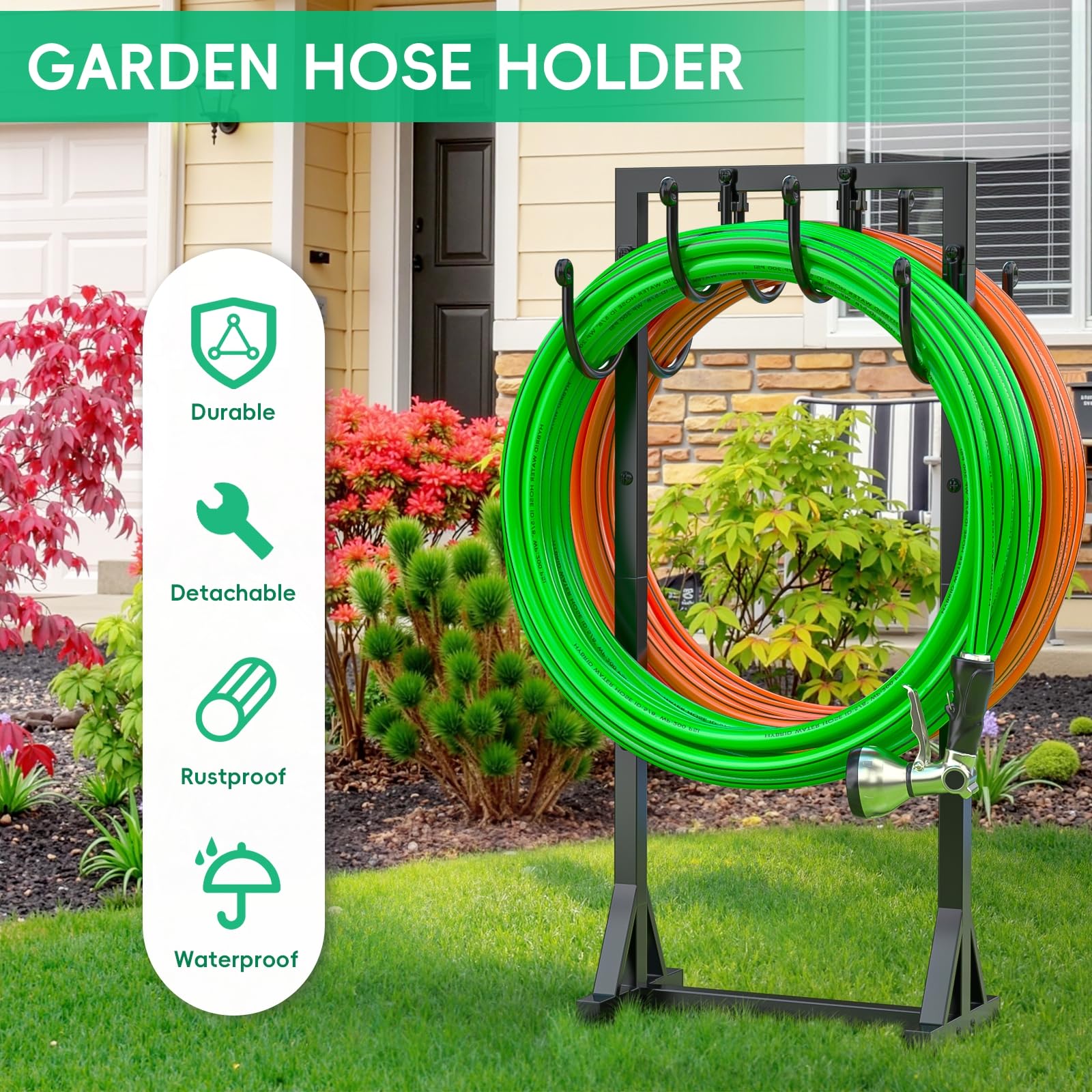 Kcysta Heavy Duty Freestanding Garden Hose Holder - Double-Sided Outdoor Metal Hose Stand Hanger Storage Rack for Yard, Lawn & Garden Watering - Perfect for Organizing Water Hoses in Backyard, Garage or Shed