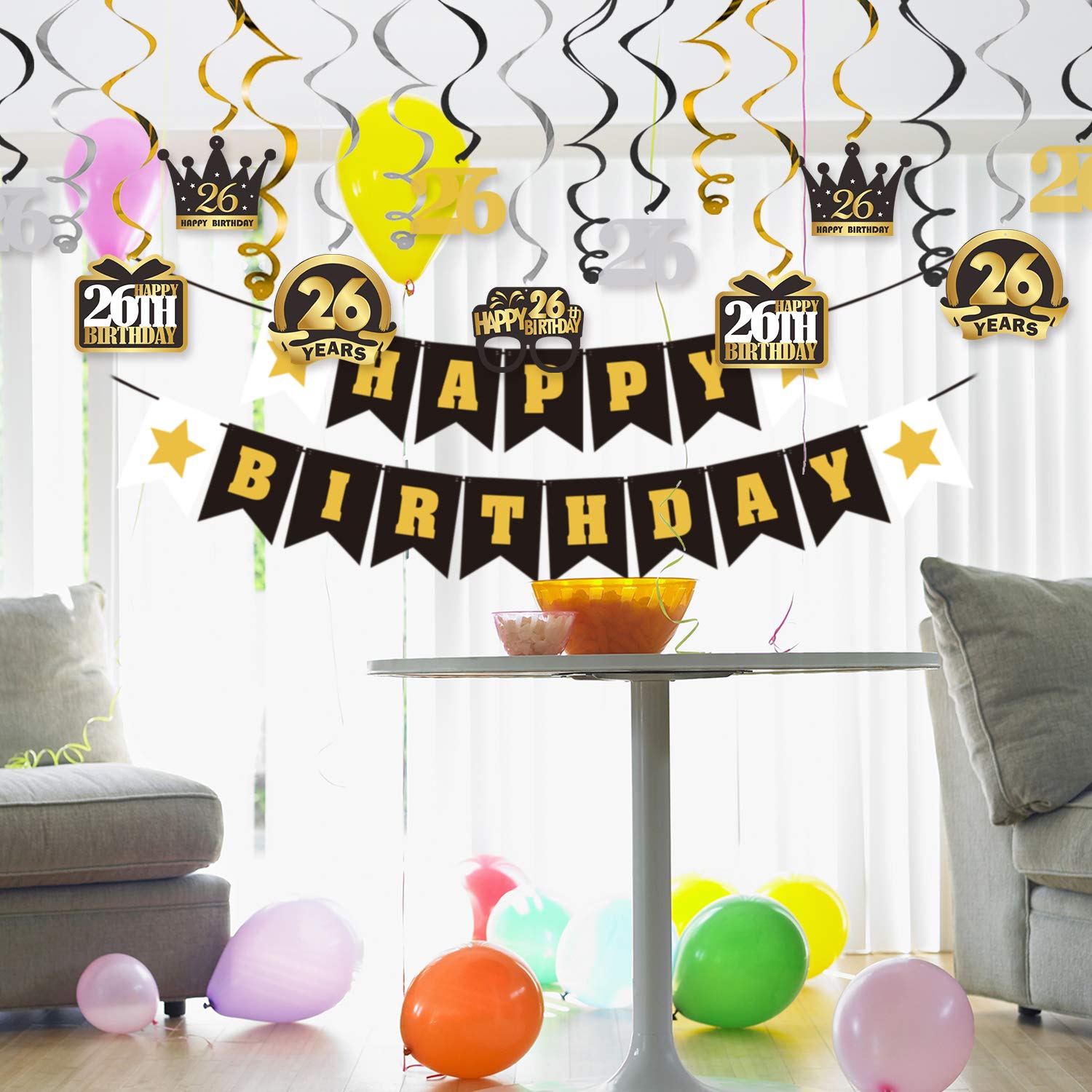 LINGTEER 26th Birthday Party Decorations Set - Swirls Streamers, Happy Birthday Banner, Hanging Backdrop for 26 Years Old Celebration | Perfect for Birthday Parties, Home Decor, and Photo Backdrops