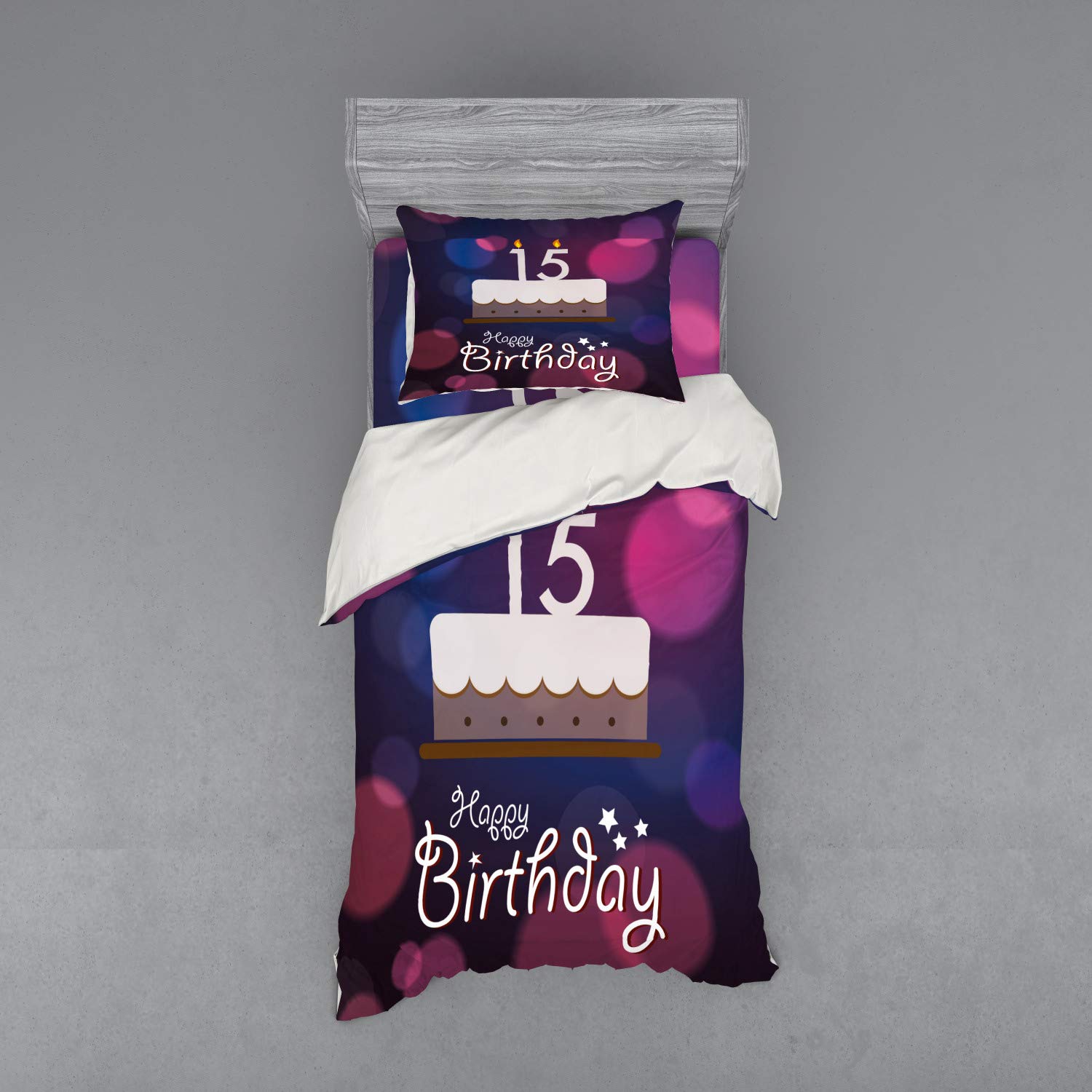 Ambesonne 15th Birthday Bedding Set - 3 Piece Duvet Cover with Sham & Fitted Sheet - Twin Size Blue Pink White - Number 15 Cake Candles Abstract Design - Perfect for Teen Room Decor & Birthday Gift