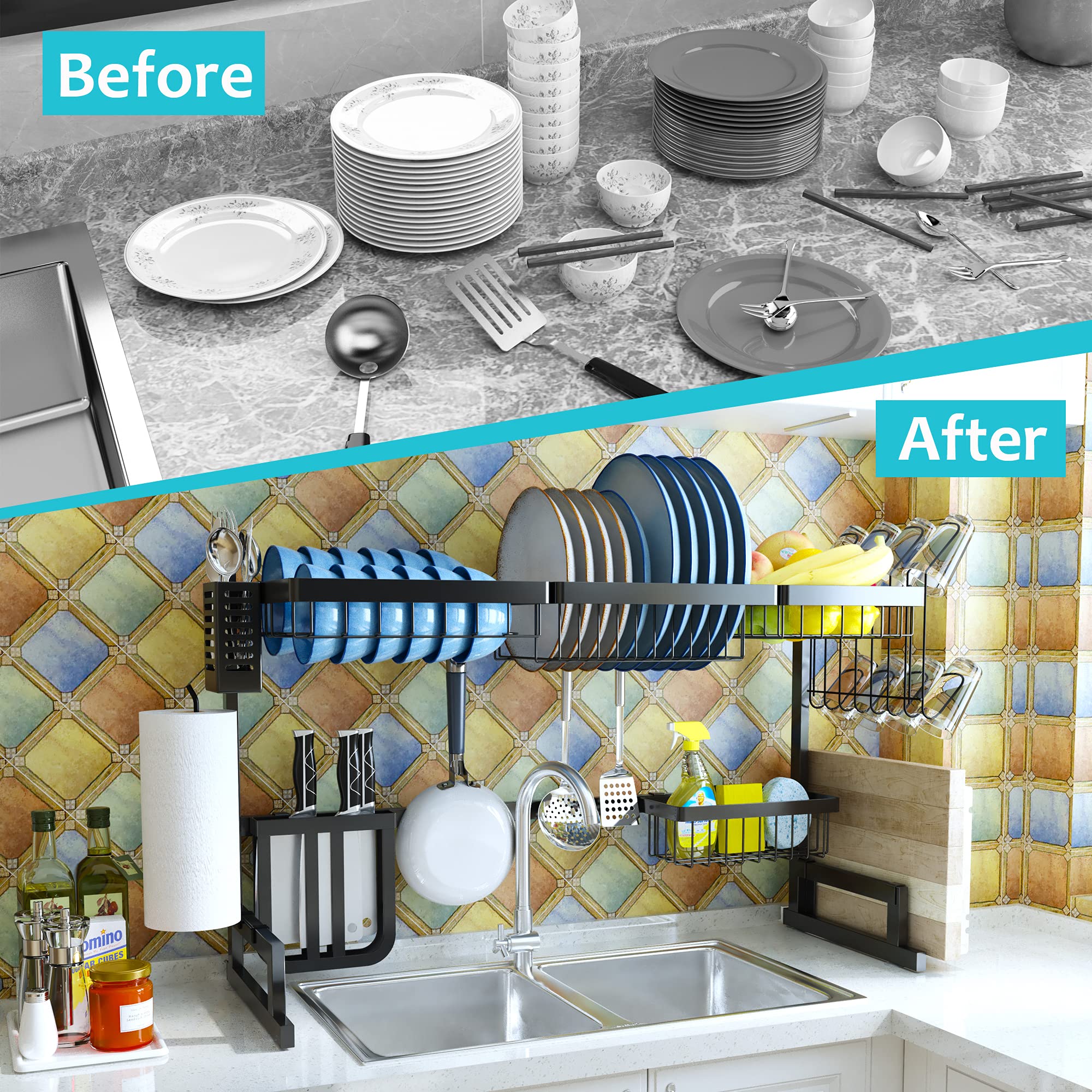 Stainless Steel Over The Sink Dish Drying Rack - Adjustable 33'' to 40'' 2-Tier Large Kitchen Organizer with Utensil Holder | Space Saving Tableware Drainer for Countertop & Small Kitchen Storage | Perfect for Drying Dishes, Cups, and Cooking Tools