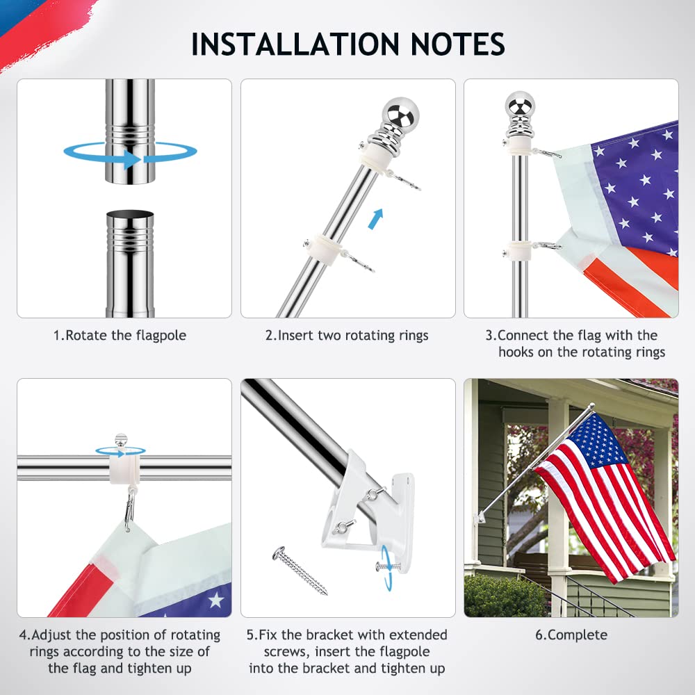 5ft Stainless Steel Outdoor Flag Pole Kit with Bracket & Rings - Wall Mounted for House, Yard, Garden - Durable Residential & Commercial Use (Silver) | Perfect for Patriotic Displays, Sports Events & Business Branding