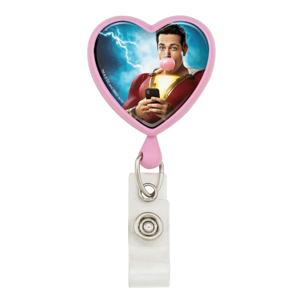 Shazam! Movie Themed Bubblegum Pink Heart Lanyard with Retractable Reel - Badge Holder for ID Cards, Keys & Work Accessories - Perfect for Comic Con, Office & School Events
