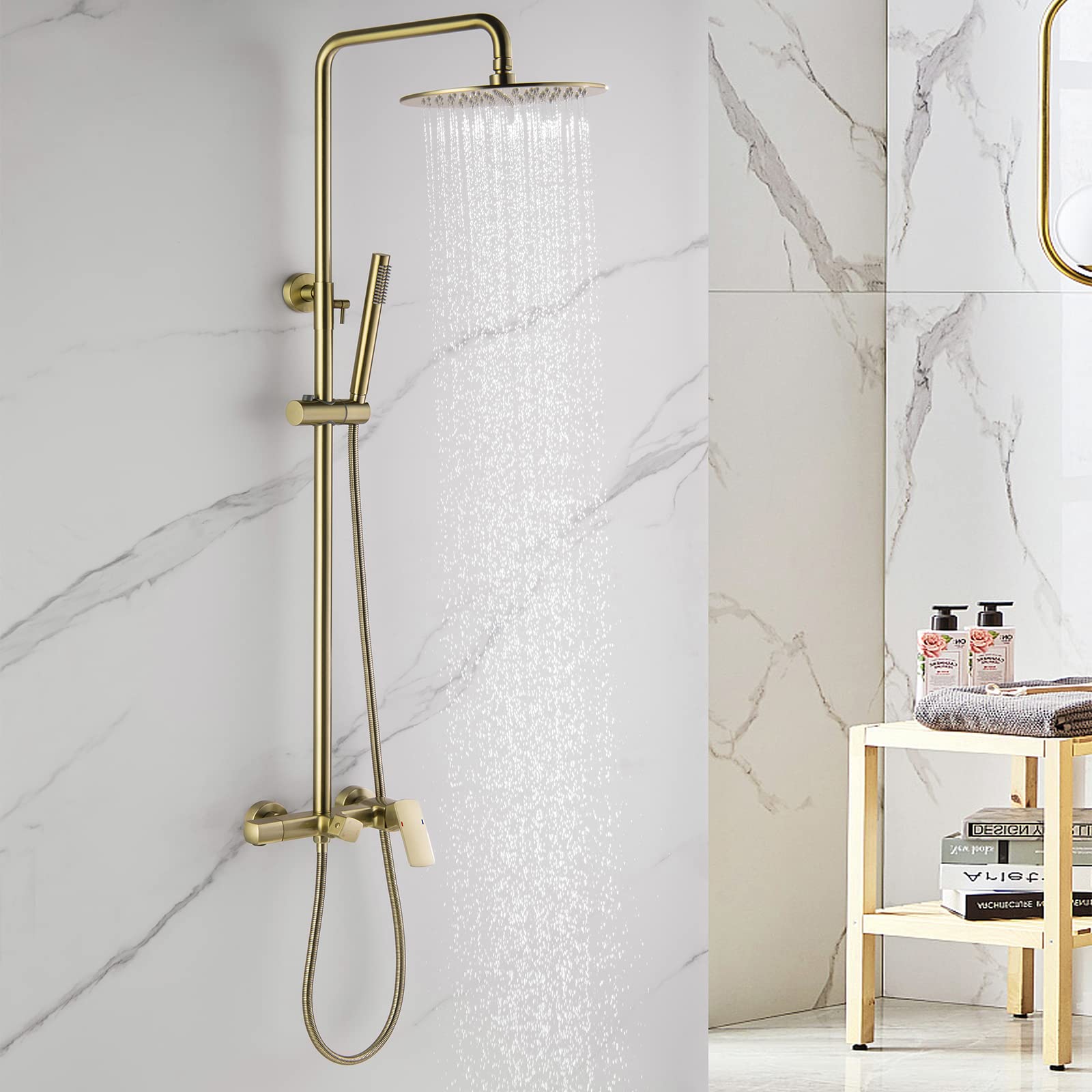 RBROHANT Brushed Gold Exposed Shower System with Tub Spout - 3-Function Wall Mounted Shower Fixtures with Brass Valve & Adjustable Height - Perfect for Modern Bathroom Renovations & Spa-Like Shower Experience (Model RB0880)