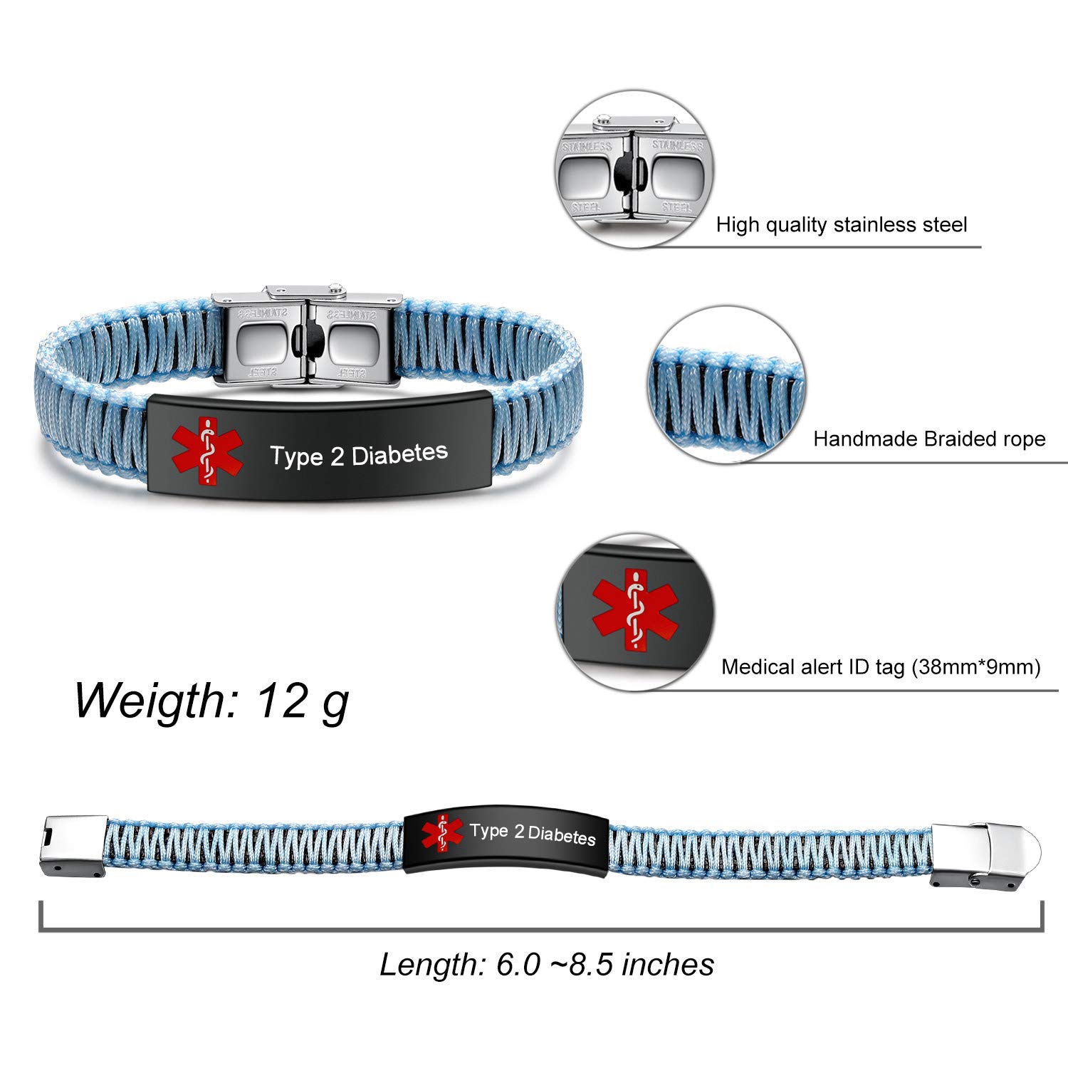 Diabetes Medical Alert ID Bracelet for Women & Men - Adjustable Handmade Nylon Braided Emergency Bracelet - Perfect for Diabetic Patients, Travel, and Daily Safety Awareness