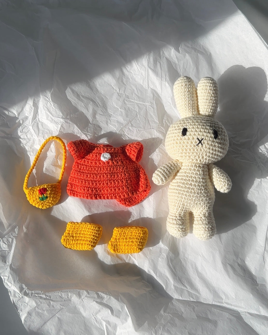 Handmade Miffy Crochet Plush Doll with Red Dress, Tulip Bag & Yellow Shoes | Kawaii Dutch Collectible, Soft Stuffed Animal Toy for Girls | Perfect Gift for Birthday, Nursery Decor & Anime Lovers Collection