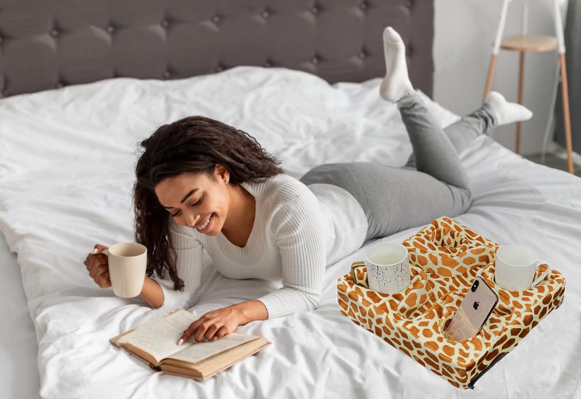 Multi-Functional Couch and Bed Cup Holder Pillow with Snack Tray - Perfect for Drinks, Remote Control & Snacks (Giraffe Design) - Ideal for Movie Nights, Gaming & Relaxing on Sofa or Bed