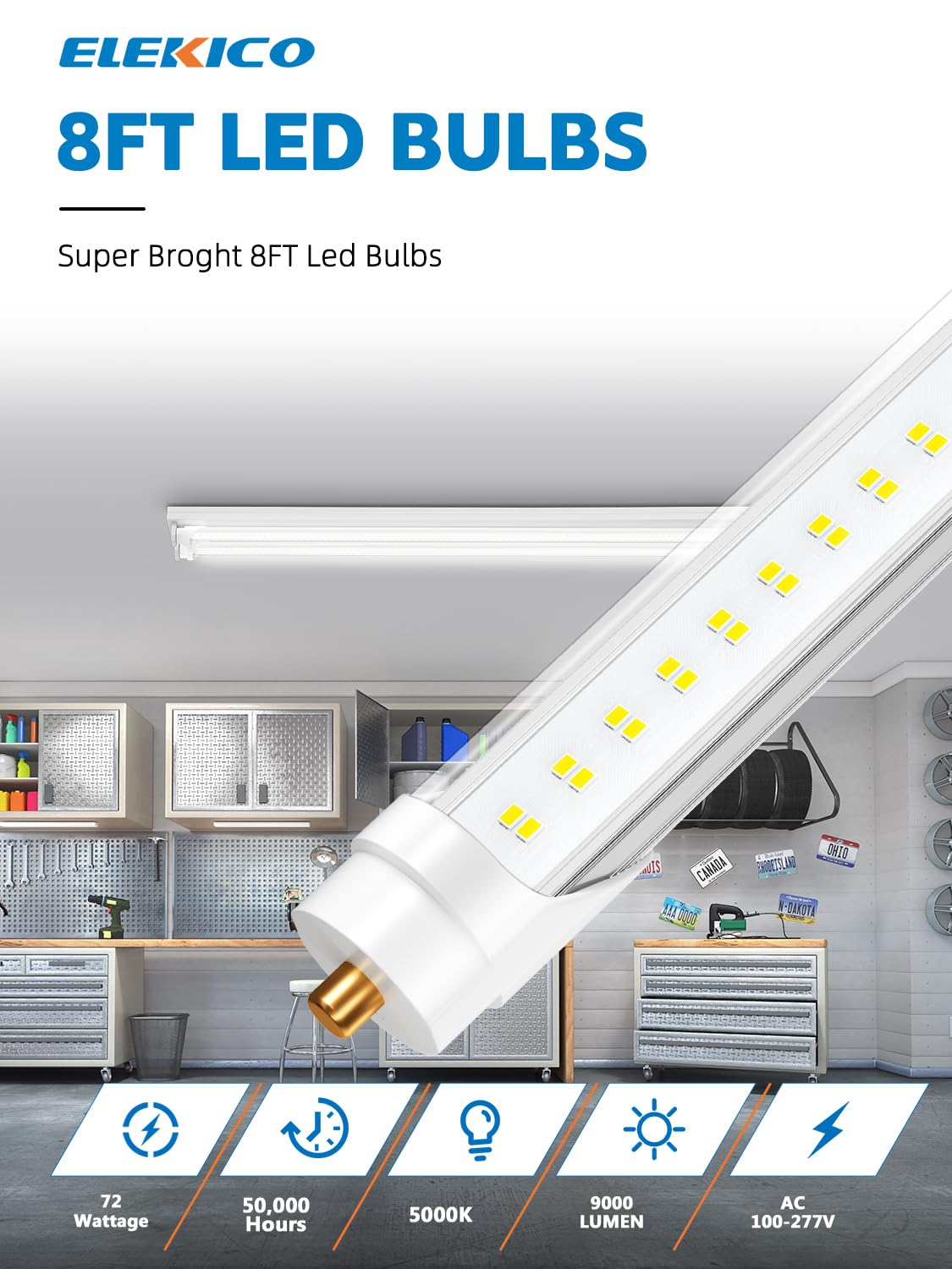 8FT LED Tube Lights - Super Bright 72W 9000lm 5000K Daylight, T8 T10 T12 LED Bulbs, FA8 Single Pin Base, Clear Cover - Energy Saving Replacement for Fluorescent Lights (Pack of 6) - Perfect for Garages, Warehouses & Office Lighting