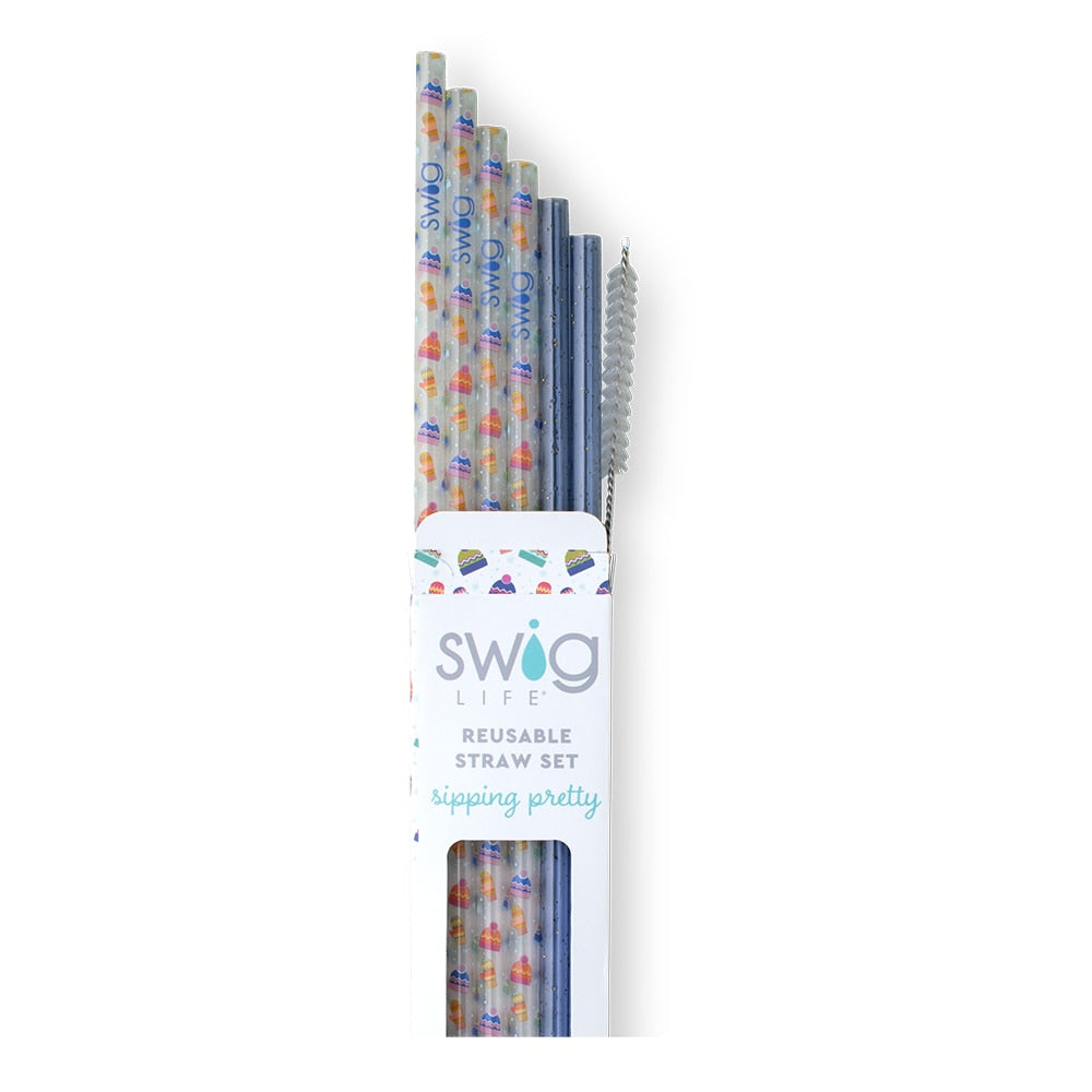 Snow Day & Blue Glitter Reusable Straw Set - 10 Pack Eco-Friendly Stainless Steel Drinking Straws with Cleaning Brush for Smoothies, Iced Coffee, and Cocktails at Home or Parties