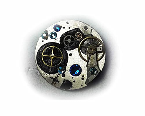 Steampunk Brooch - G.Klimt Style Silver Mechanical Watch Cogs with Black Polymer Resin & Blue Swarovski Crystals | Convertible Necklace Pendant for Gothic Fashion & Vintage Jewelry Collectors