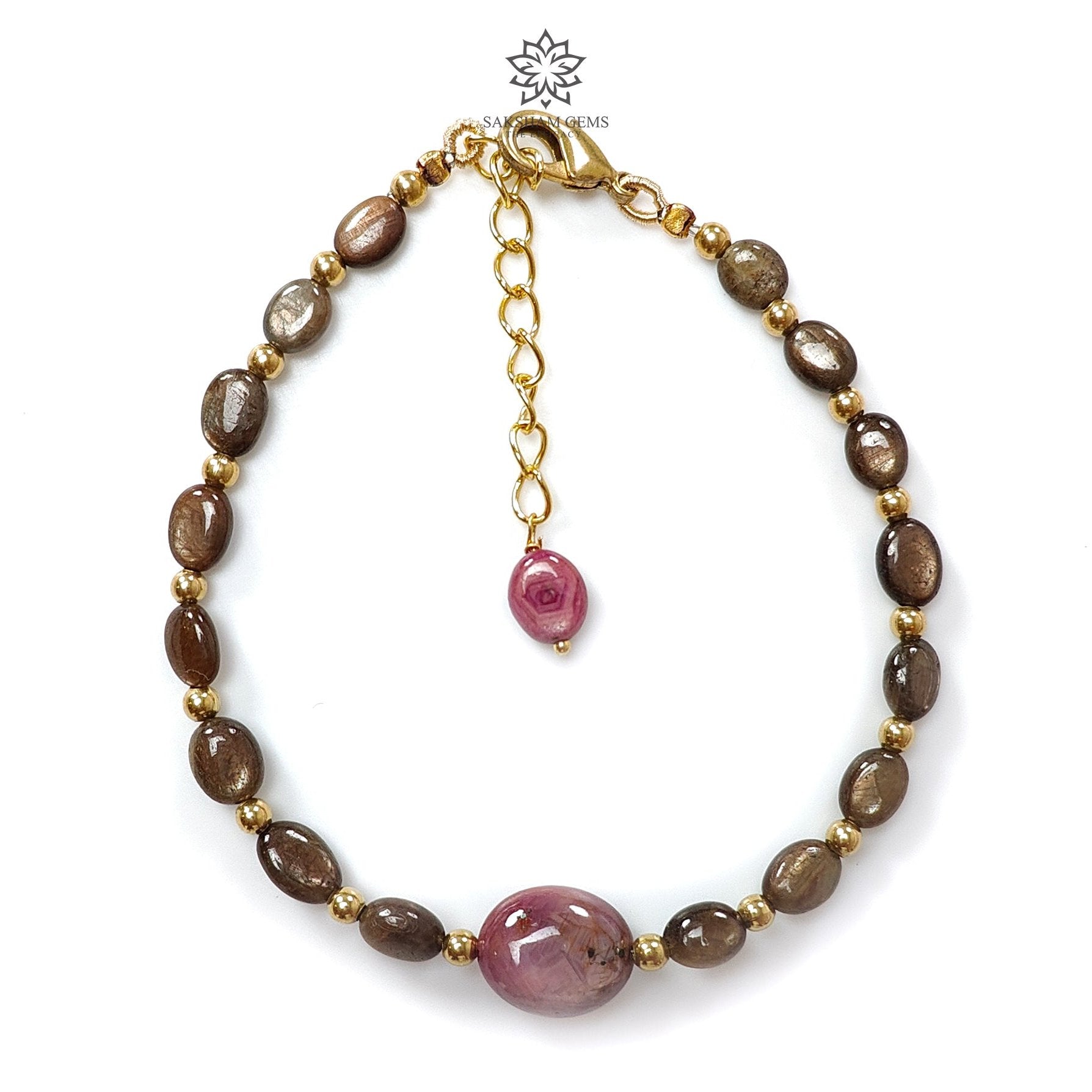Golden Brown Chocolate Sapphire Beads Bracelet - 39.75cts Natural Untreated Ruby Oval Brass Bracelet (7x5mm & 13x9mm, 6.5