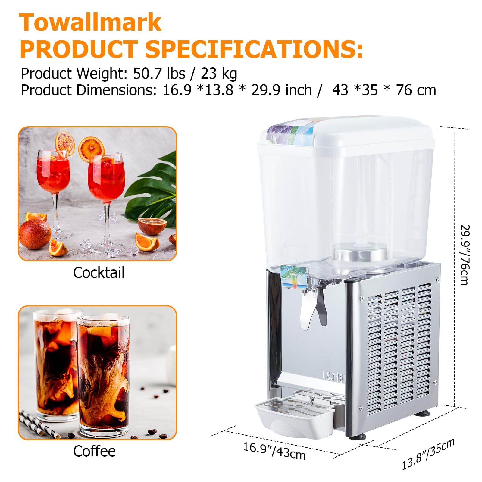 Towallmark 4.75 Gallon (18L) Commercial Beverage Dispenser - Stainless Steel Iced Tea & Juice Dispenser with Thermostat Control, 180W Power, Food-Grade Construction - Perfect for Restaurants, Cafes, and Catering Events