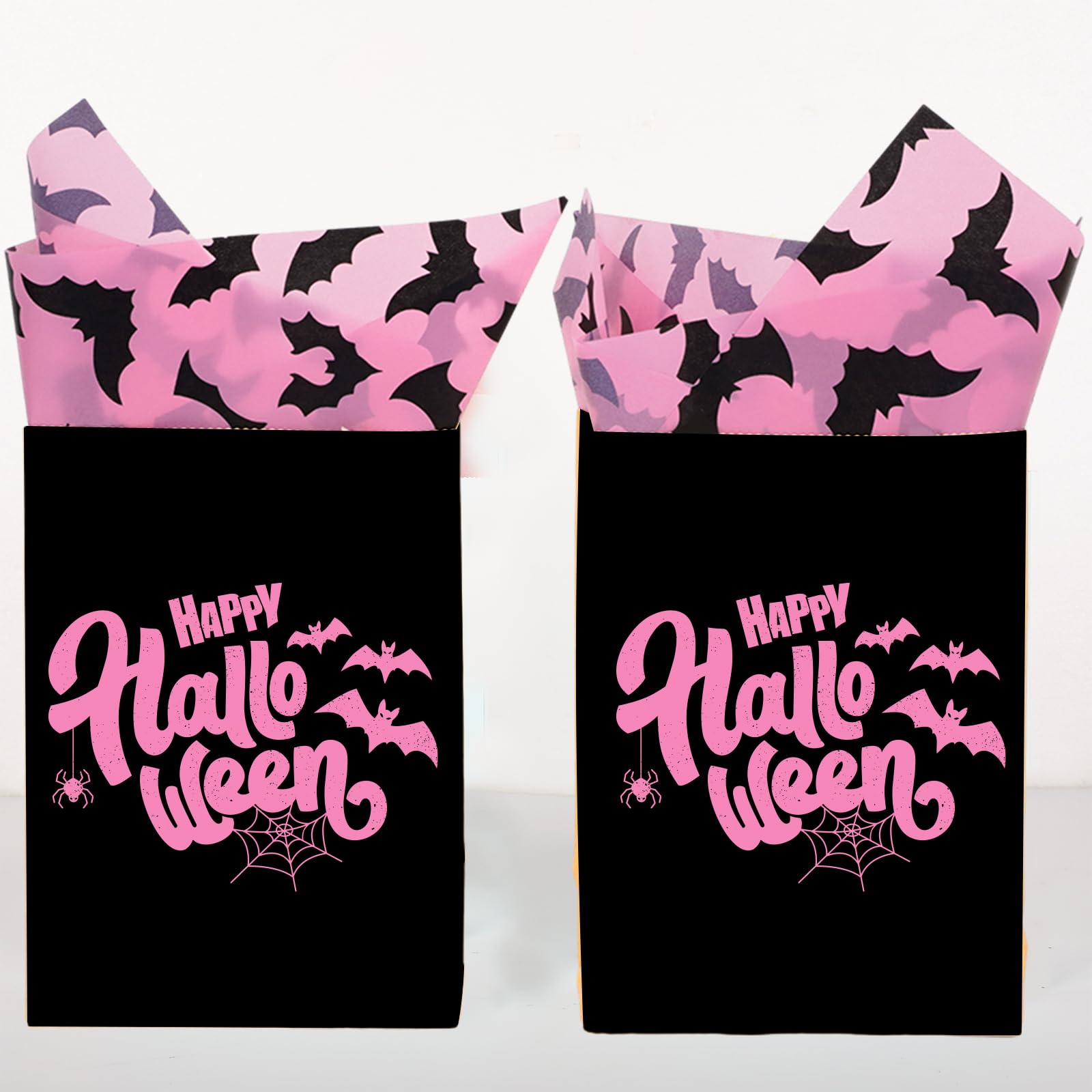 100Pcs Pink Bat Tissue Paper - Bulk Halloween Wrapping Paper with Black Bat Design, 14 x 20 Inch - DIY Gift Wrap & Craft Supplies for Party Decorations, Scrapbooking, and Spooky Halloween Projects