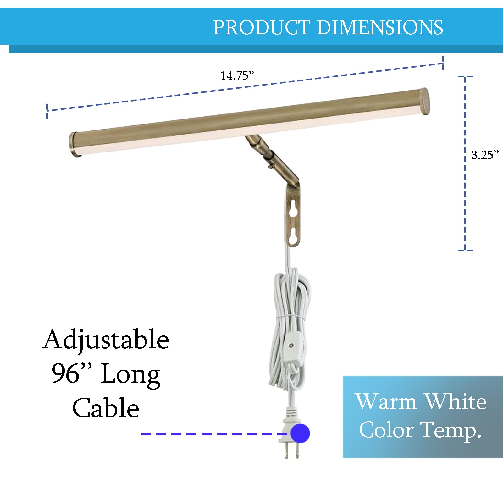 Ciata 14-Inch LED Picture Light for Wall Art - 3000K Warm White, 4W Adjustable Metal Frame Light with Inline On/Off Switch, CRI90, Antique Brass - Perfect for Gallery, Museum & Home Decor Lighting