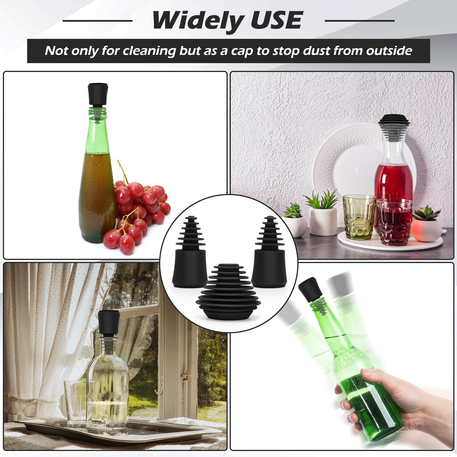 3PCS Silicone Cleaning Plugs with 8PCS Brushes - Glass Pipe Cleaning Kit for Water Pipes & Storage (Black)