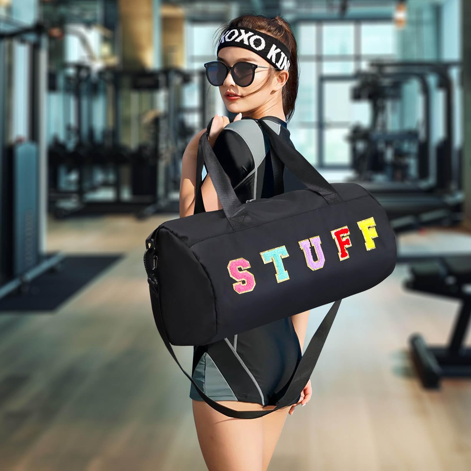 **Chenille Letter Stuff Tote Bag 16 Inch - Small Gym Duffle Bag for Travel, Dance, Sports, Workout & Camping | Carry-On Cheer Ballet Overnight Weekender Bag | Birthday Gifts for Girls, Kids, Teens & Women - Black | Perfect for Gym, School, Beach & Weekend Getaways**