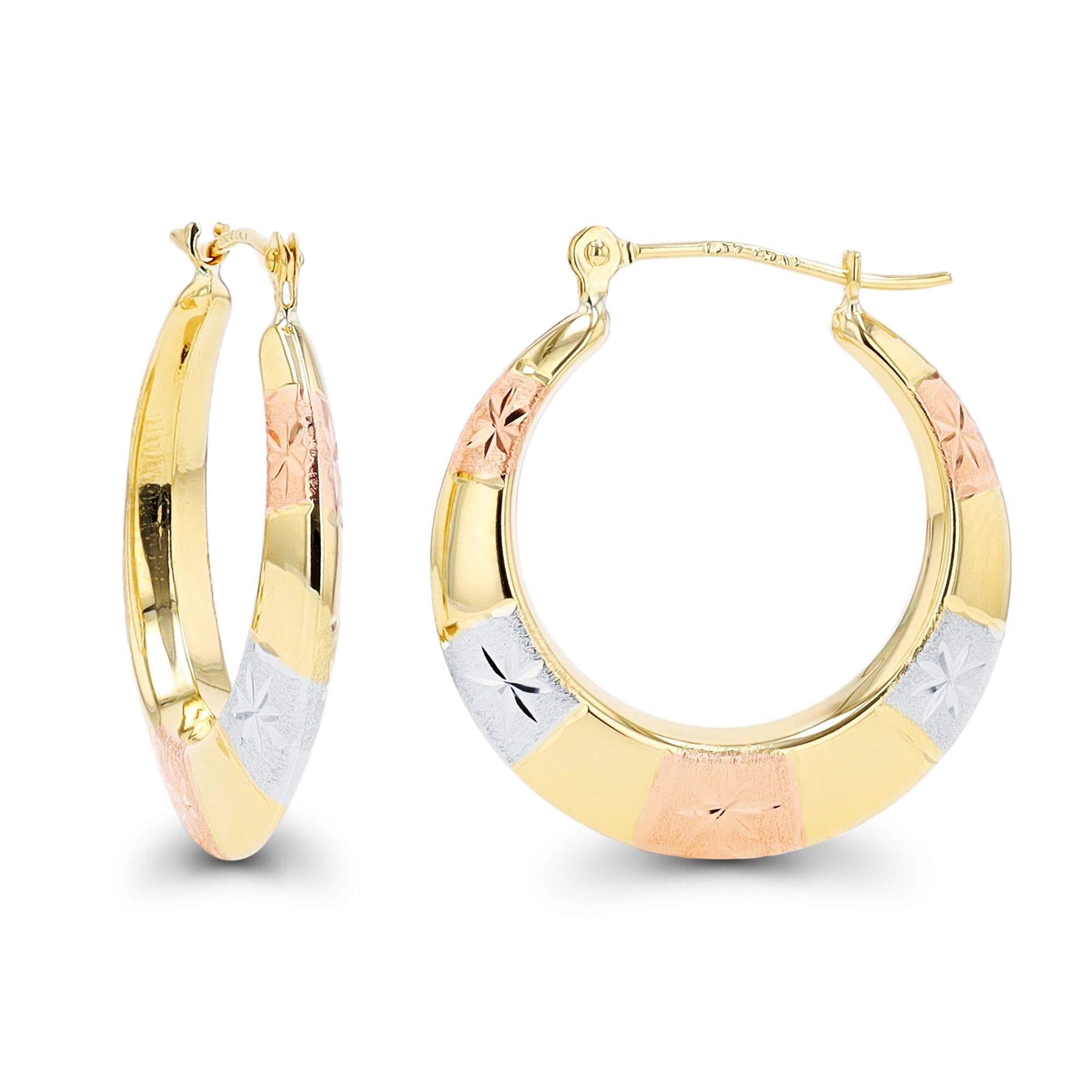 14K Solid Gold Polished & Matte Diamond Cut Star Hoop Earrings for Women | Hypoallergenic Sensitive Ears | 3.60x23mm Everyday Hoops | Perfect Gift for Birthday, Anniversary & Special Occasions