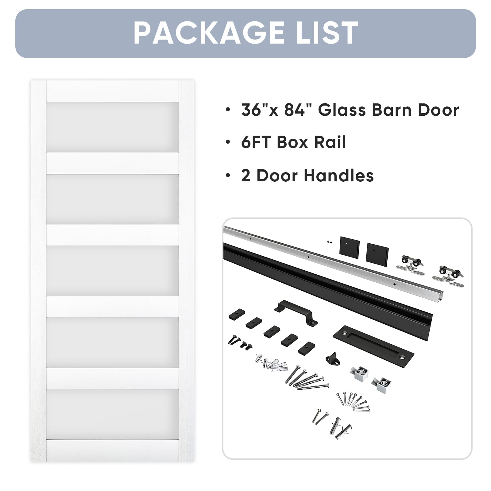 36in x 84in Frosted Glass Barn Door with Sliding Hardware Kit - 5-Panel White Frosted Glass, Black Box Rail, Waterproof PVC Surface - Easy Assembly for Bedroom, Closet, or Office Partition