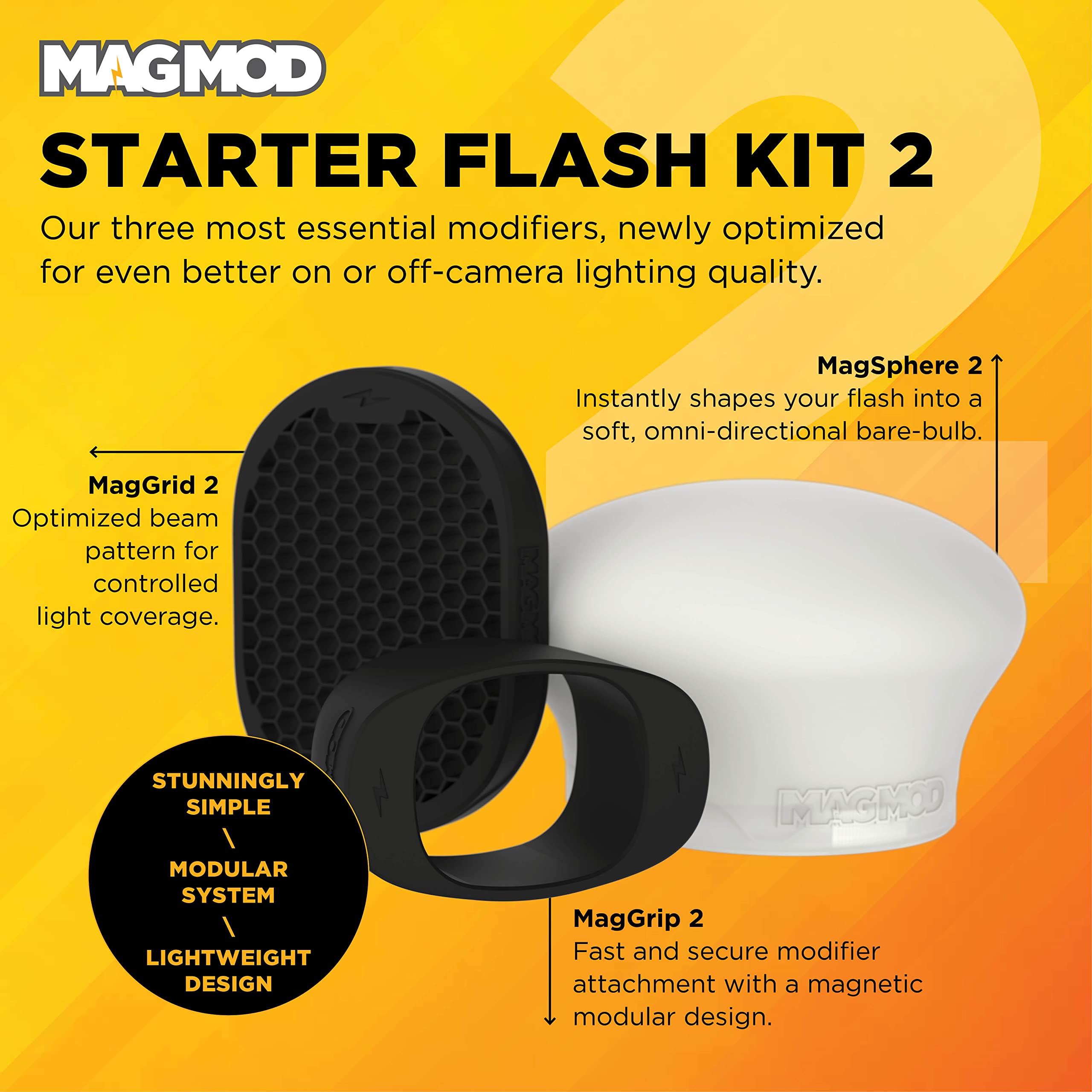 MagMod Starter Flash Kit 2 - Magnetic Camera Speedlight Diffuser & Light Modifier Set with MagGrip 2, MagSphere 2, MagGrid 2 | Superior Lighting Control for Professional Photography, Portraits & Studio Shoots | Perfect for Wedding, Event & Outdoor Photography