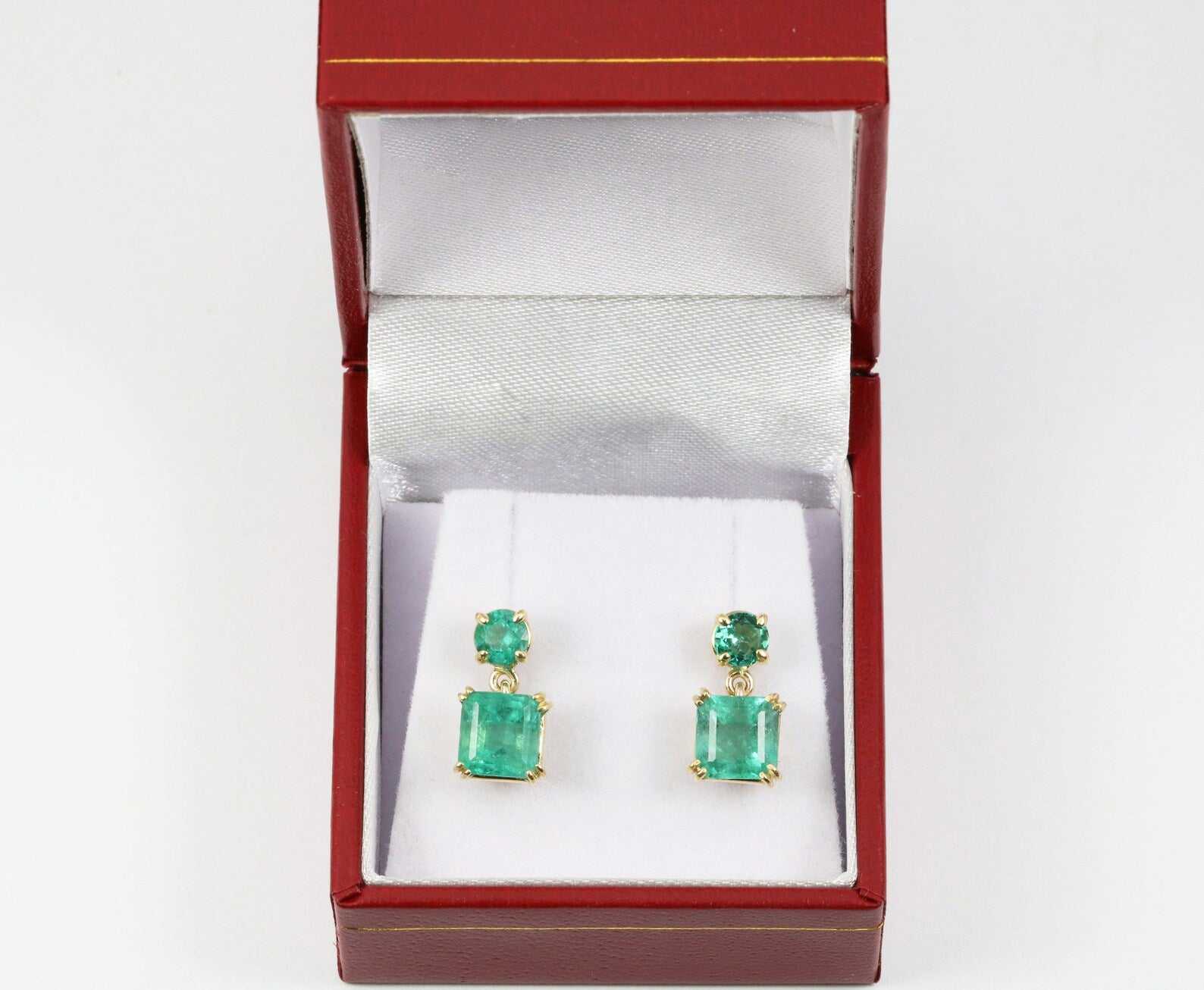 3.20tcw Natural Rich Green Emerald Asscher & Round Cut Dangle Stud Earrings in 14K Gold - Elegant Jewelry for Weddings, Parties & Special Occasions