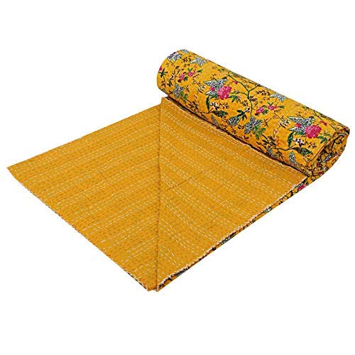 Yellow Bird of Paradise Print Kantha Quilt - Twin Size Bohemian Bedspread, Cotton Throw Blanket & Bed Cover for King Bed | Perfect for Boho Bedroom Decor, Guest Room Accent, or Cozy Living Room Throw