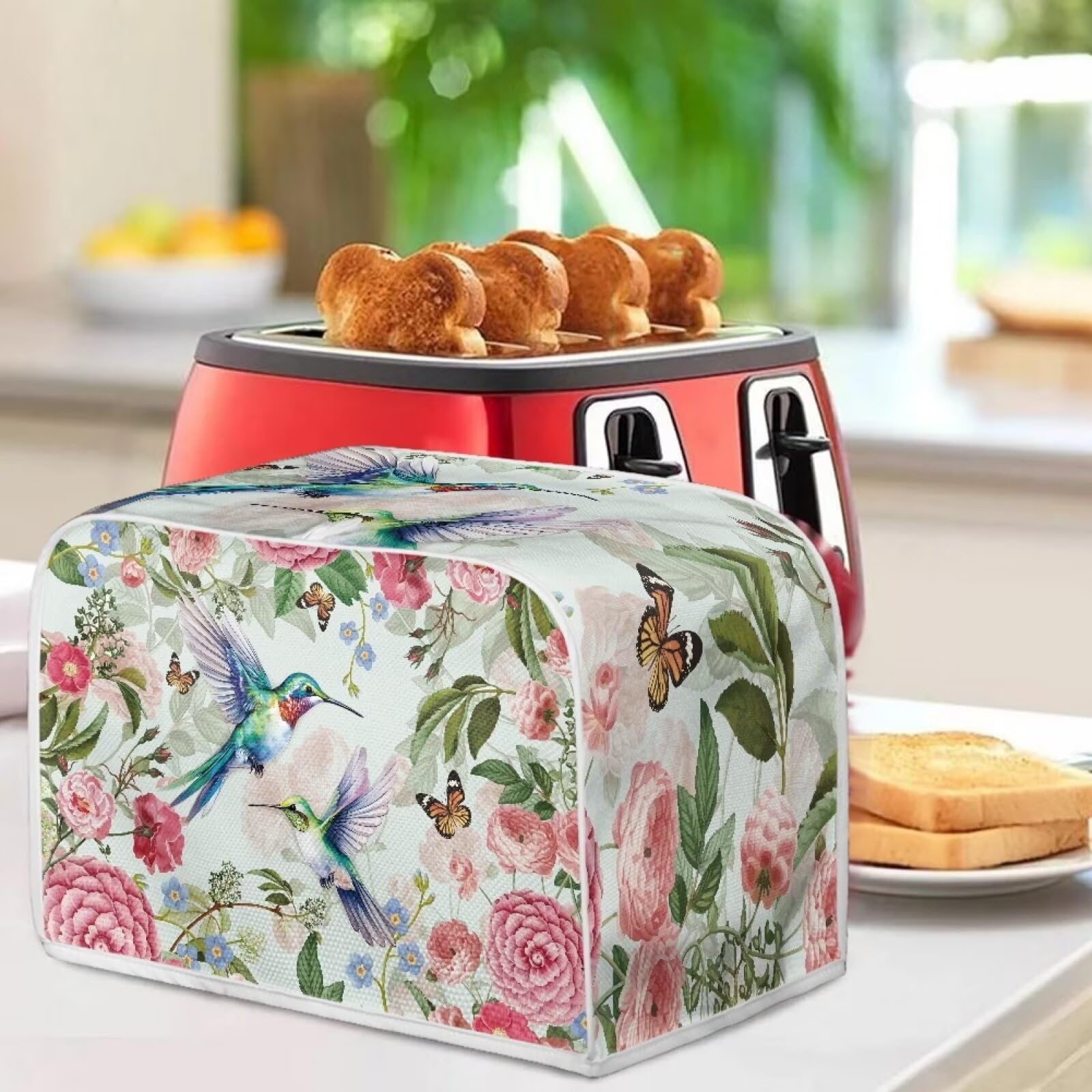 Floral Hummingbird Toaster Cover - 4 Slice Anti-Fingerprint Oven Dust Cover, Bread Maker & Bakeware Protector for Kitchen Countertop Decor