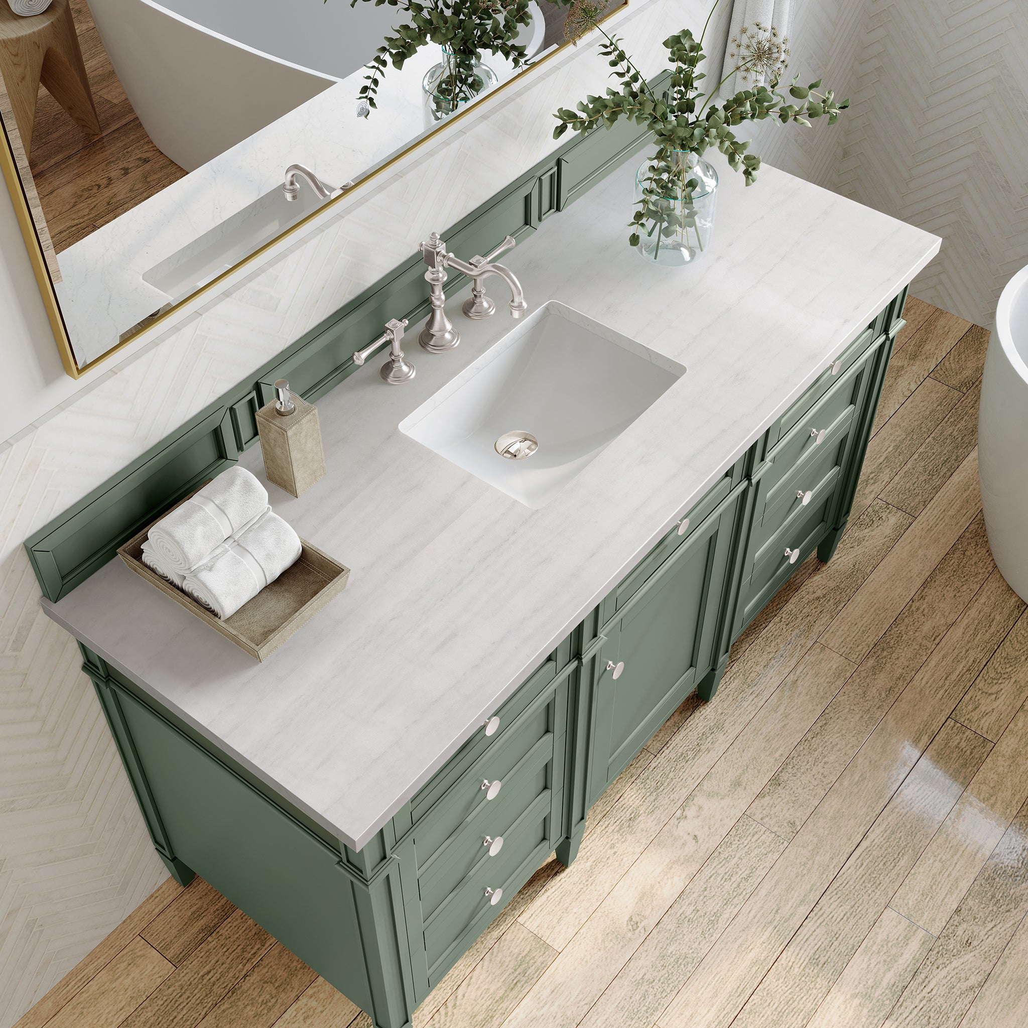 Brittany 60-Inch Single Bathroom Vanity with Smokey Celadon Finish & 3CM Arctic Fall Quartz Top - Perfect for Modern Master Bathrooms & Powder Rooms
