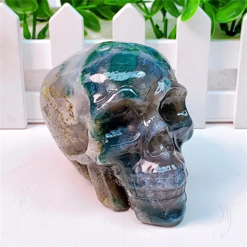 Natural Moss Agate Skull Crystal Carving - Healing Energy Stone for Home Decor, Meditation & Spiritual Gifts | Halloween Decor, Witchcraft Supplies & Reiki Healing Tool (1PC)