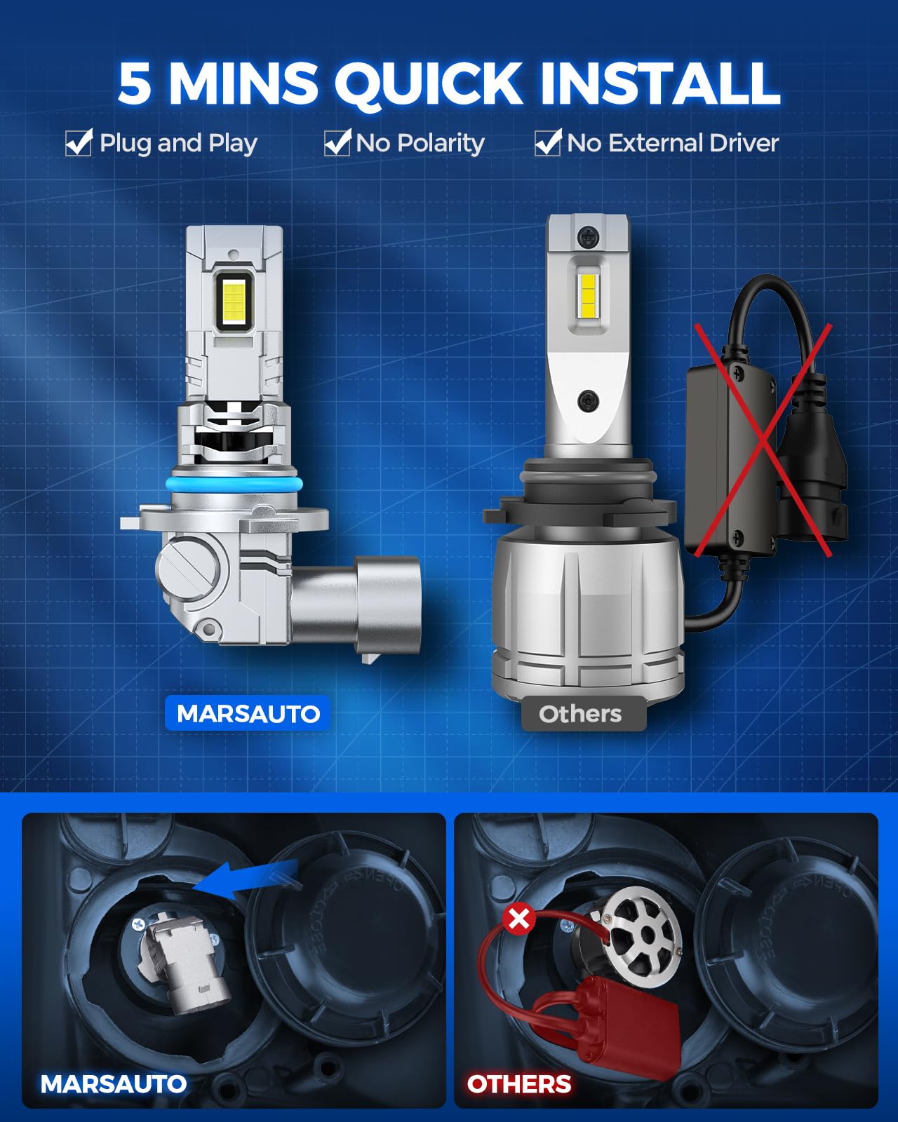 Marsauto 9005/HB3 9006/HB4 LED Headlight Bulbs - Super Bright 6500K Cool White, 50,000 Hours Lifespan, Plug & Play in 5 Mins, Turbo Fan Cooling, No Polarity - Perfect for Fog Lights & Night Driving (Pack of 4)