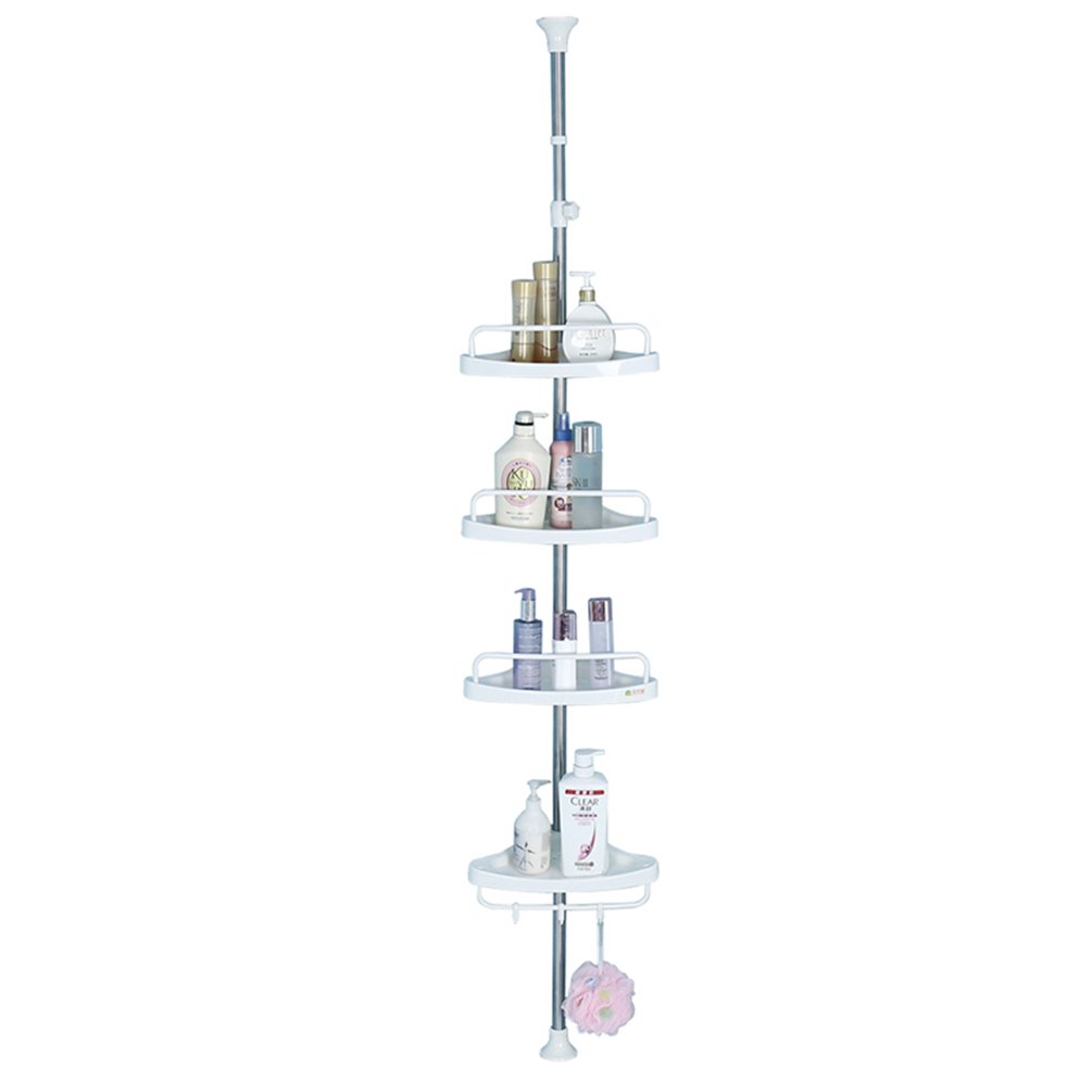 BAOYOUNI 4-Tier Adjustable Shower Caddy Tension Pole - Extendable Floor to Ceiling Bathroom Organizer with Corner Storage Shelf for Bathtub, Space Saving Ivory Stand | Perfect for Small Bathrooms, Apartment Showers & Spa-Like Organization