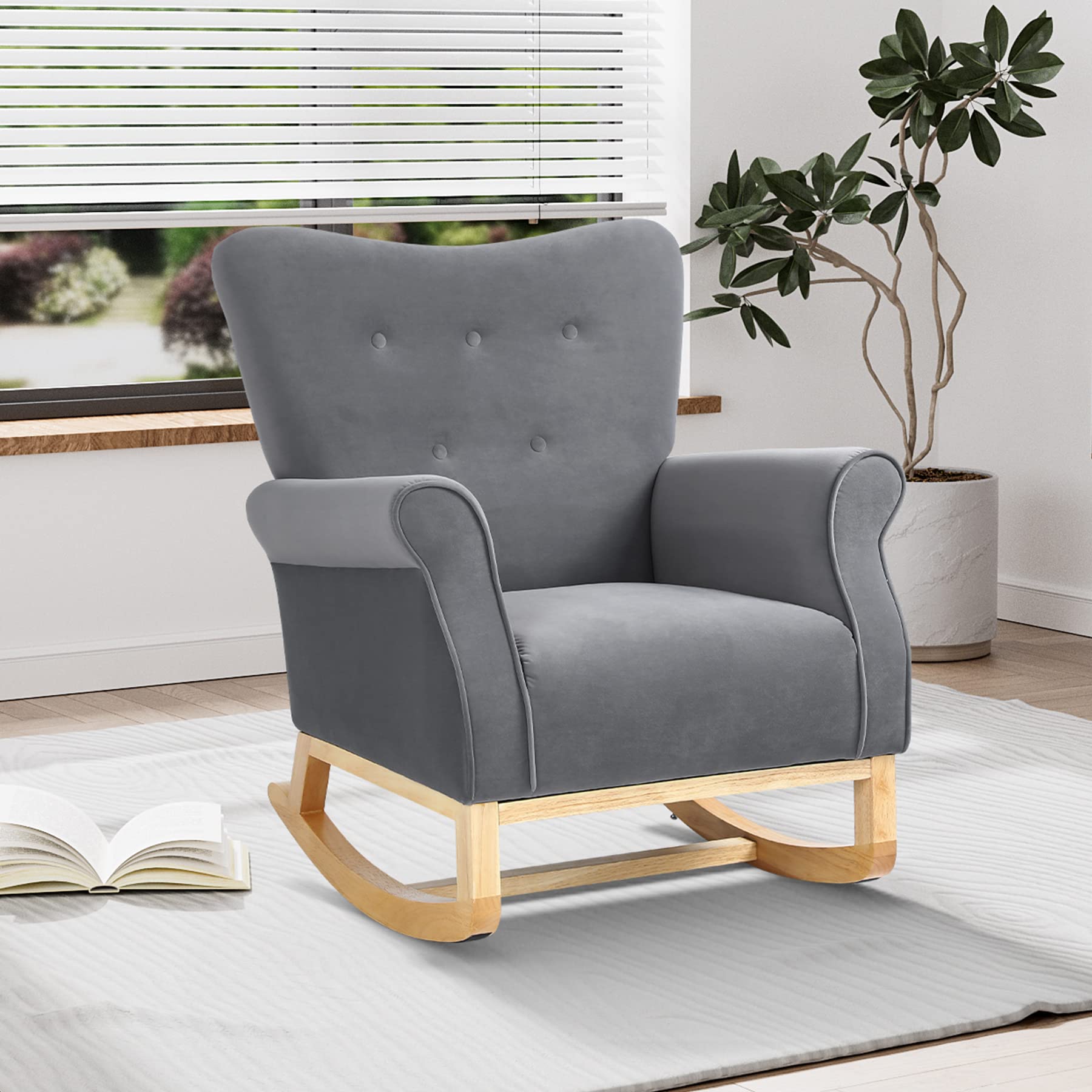 Premium Velvet Gliding Rocking Chair for Baby Nursery - Solid Wood Base, High Back Support, Soft Grey - Perfect for Nursing, Reading & Relaxing in Nursery or Living Room