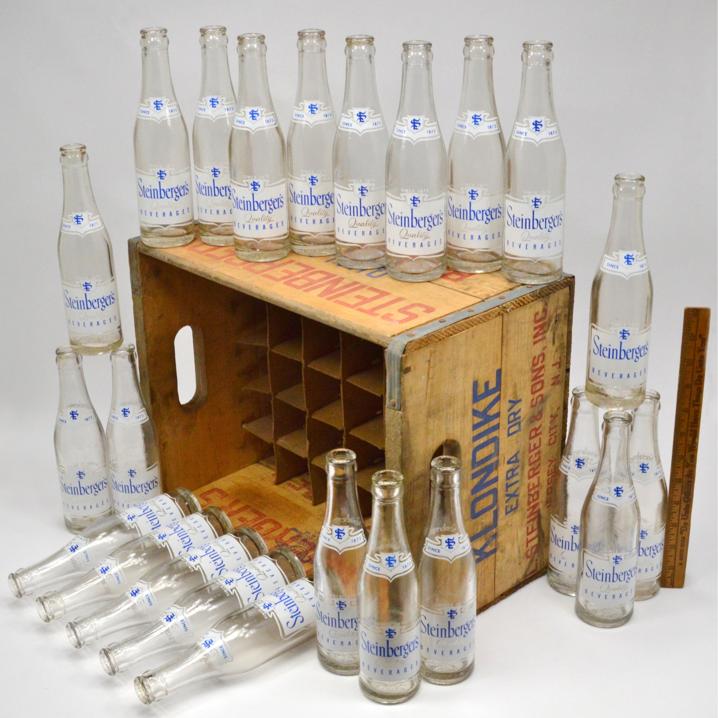 Vintage Steinberger's Klondike Wood Crate with Divider & 23 ACL Soda Water Bottles - Perfect for Home Bar Decor, Antique Collecting, and Rustic Display