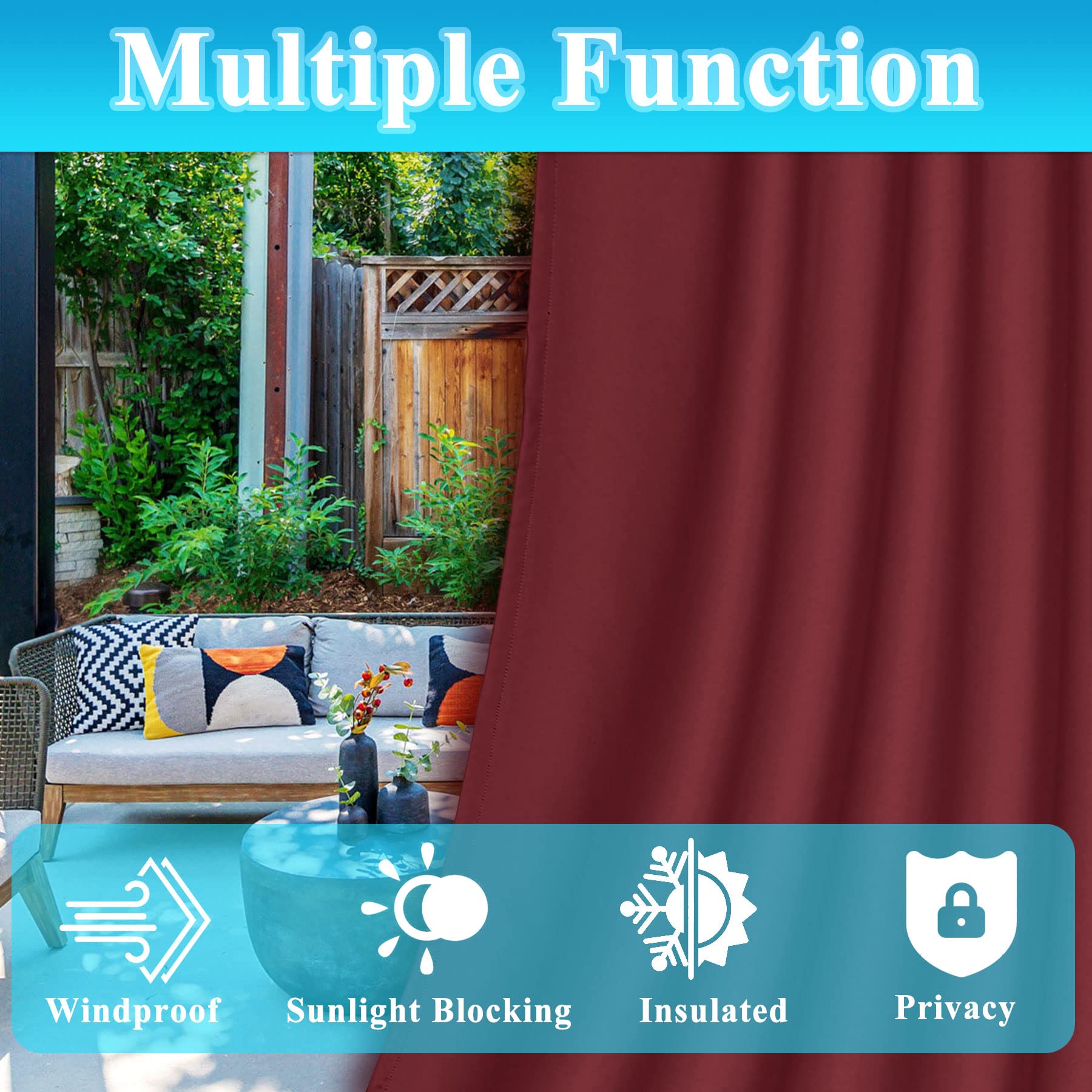 Frelement Extra Wide Windproof Outdoor Curtains for Privacy Protection - Rustproof Grommet Indoor/Outdoor Drapes for Gazebo, Pergola, Patio (Red, 120W x 96L, 1 Panel) - Perfect for Backyard, Deck & Sunroom