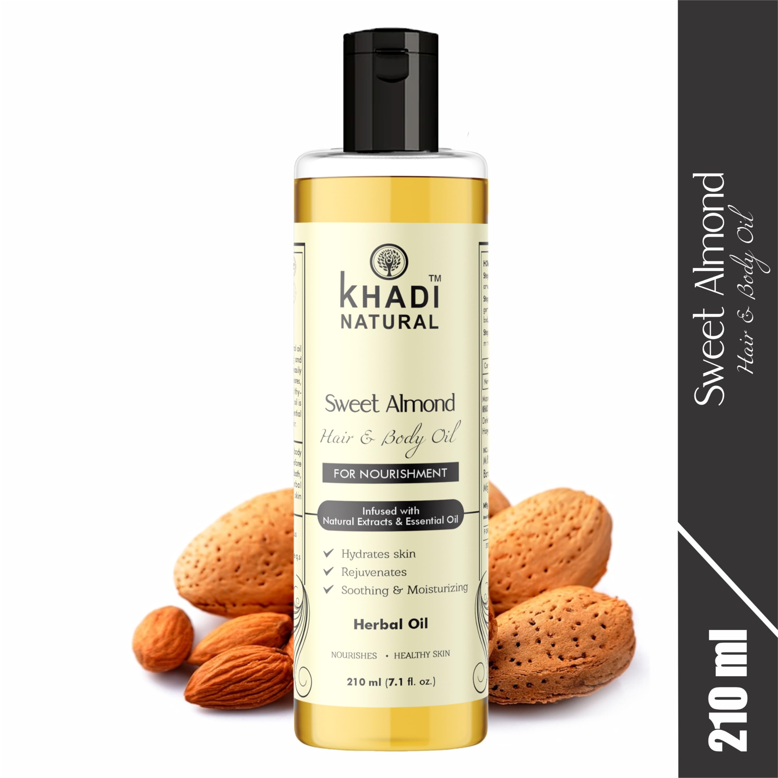 Khadi Natural Sweet Almond Oil for Hair & Body Massage - 210ml | Organic Ayurvedic Oil for Anti Hair Fall & Dandruff | Herbal Treatment for Dry Scalp & Skin Hydration | Perfect for Aromatherapy & DIY Beauty Recipes
