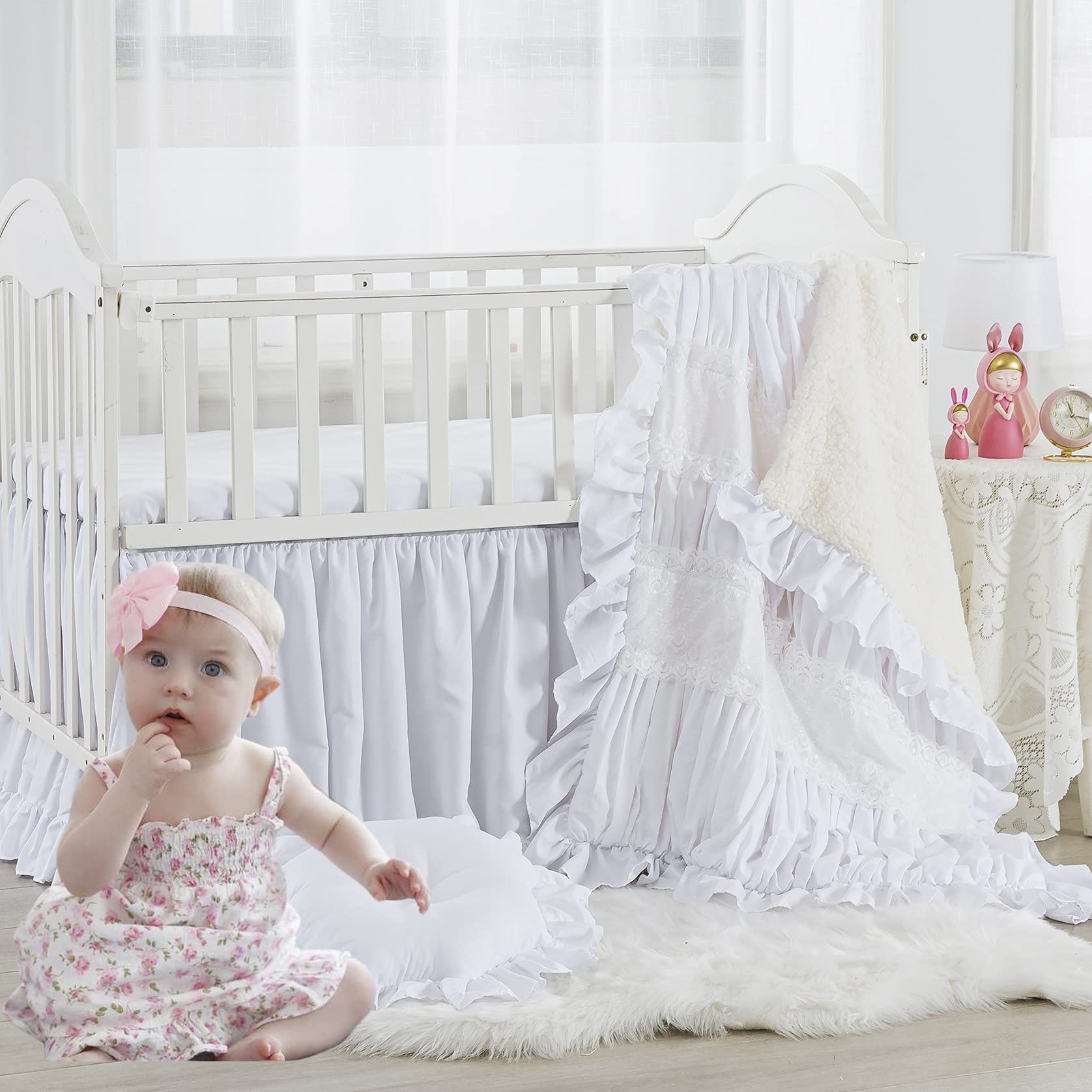 Brandream Neutral White 4-Piece Baby Crib Bedding Set - Soft Ruffle Crib Skirt, Fitted Sheet & Blanket for Girls Nursery | Perfect for Newborns, Toddler Rooms & Baby Showers