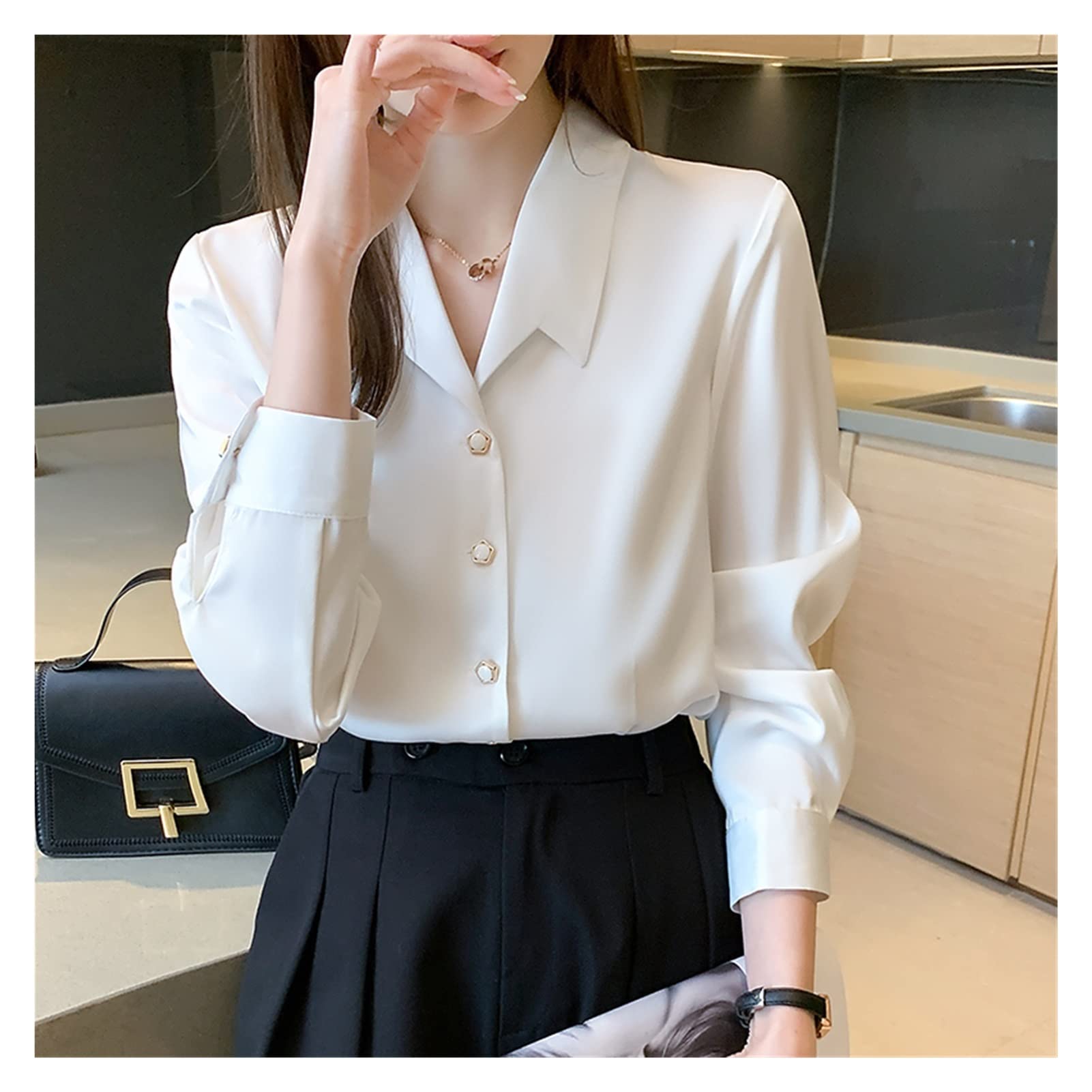 Elegant Long Sleeve Chiffon Blouse for Women - Turn Down Collar Office Shirt Tops (Color: A, Size: 2XL) - Perfect for Business Casual, Workwear & Professional Occasions
